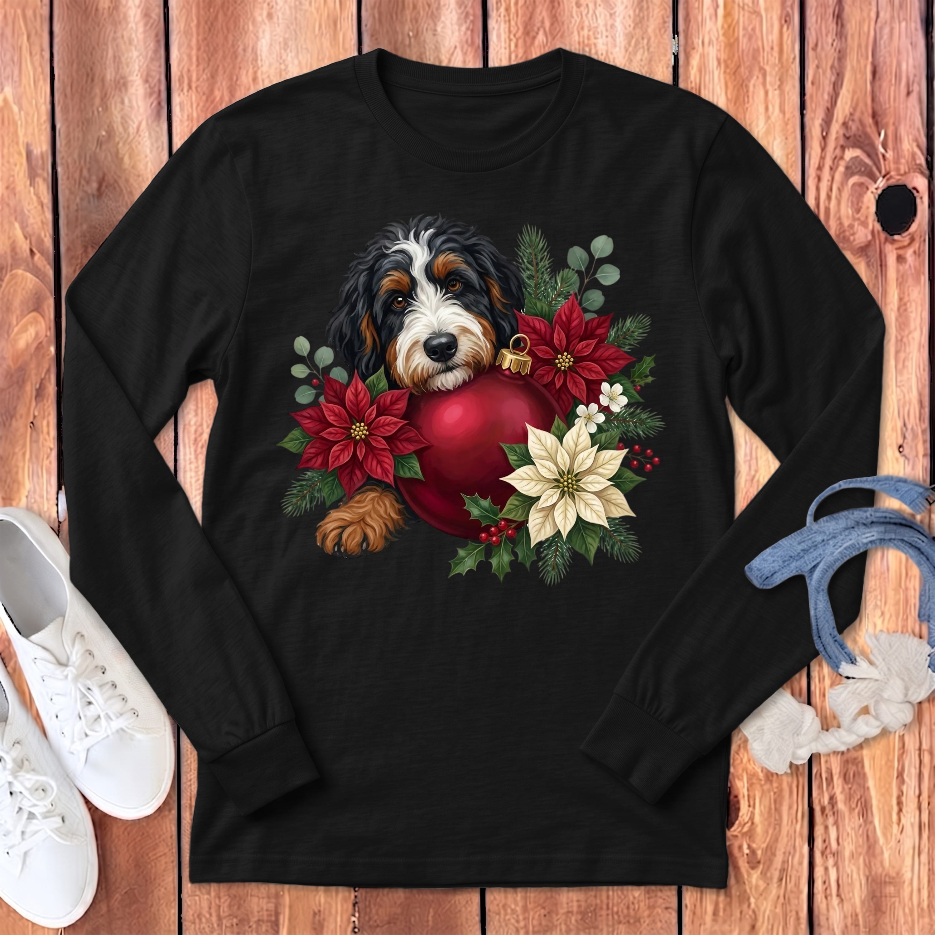 Bernedoodle Holiday Cheer Long Sleeve T-Shirt in Dark Grey Heather / S by Puppy Jo