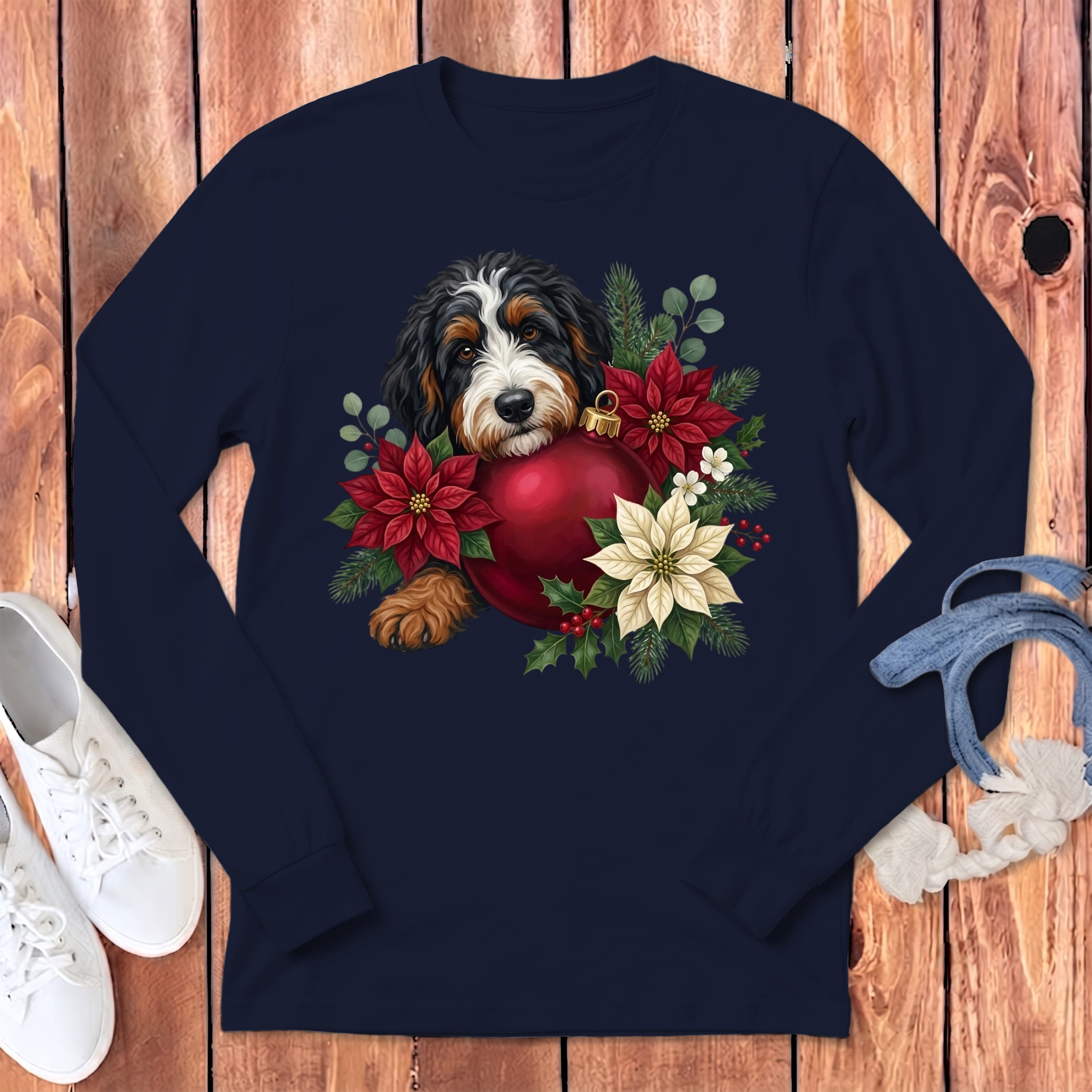 Bernedoodle Holiday Cheer Long Sleeve T-Shirt in Navy / S by Puppy Jo