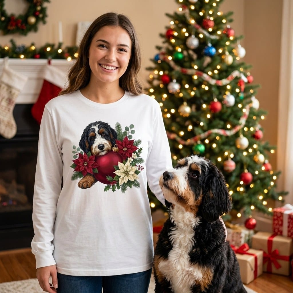 Bernedoodle Holiday Cheer Long Sleeve T-Shirt in by Puppy Jo