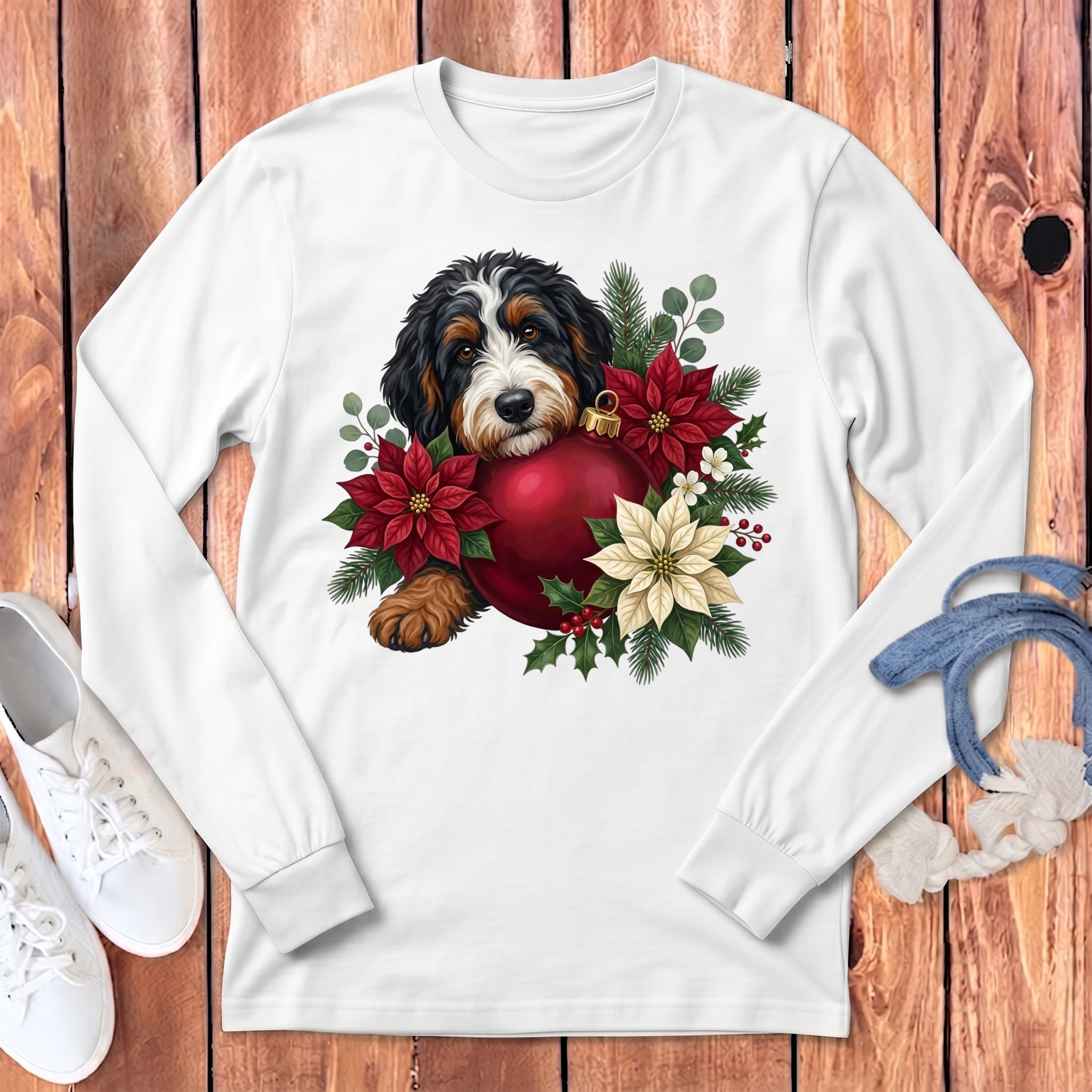 Bernedoodle Holiday Cheer Long Sleeve T-Shirt in White / S by Puppy Jo