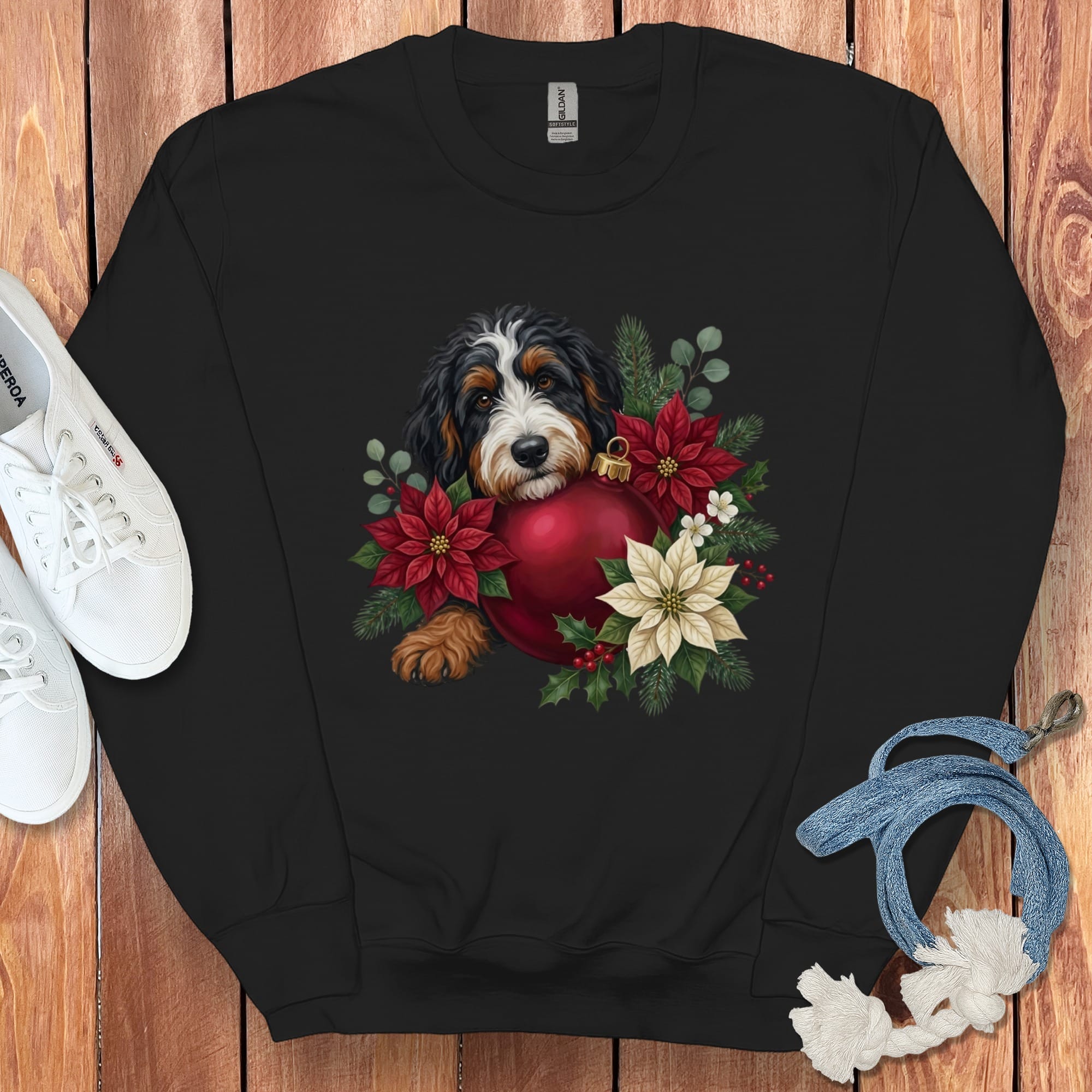 Bernedoodle Holiday Cheer Sweatshirt in Black / S by Puppy Jo