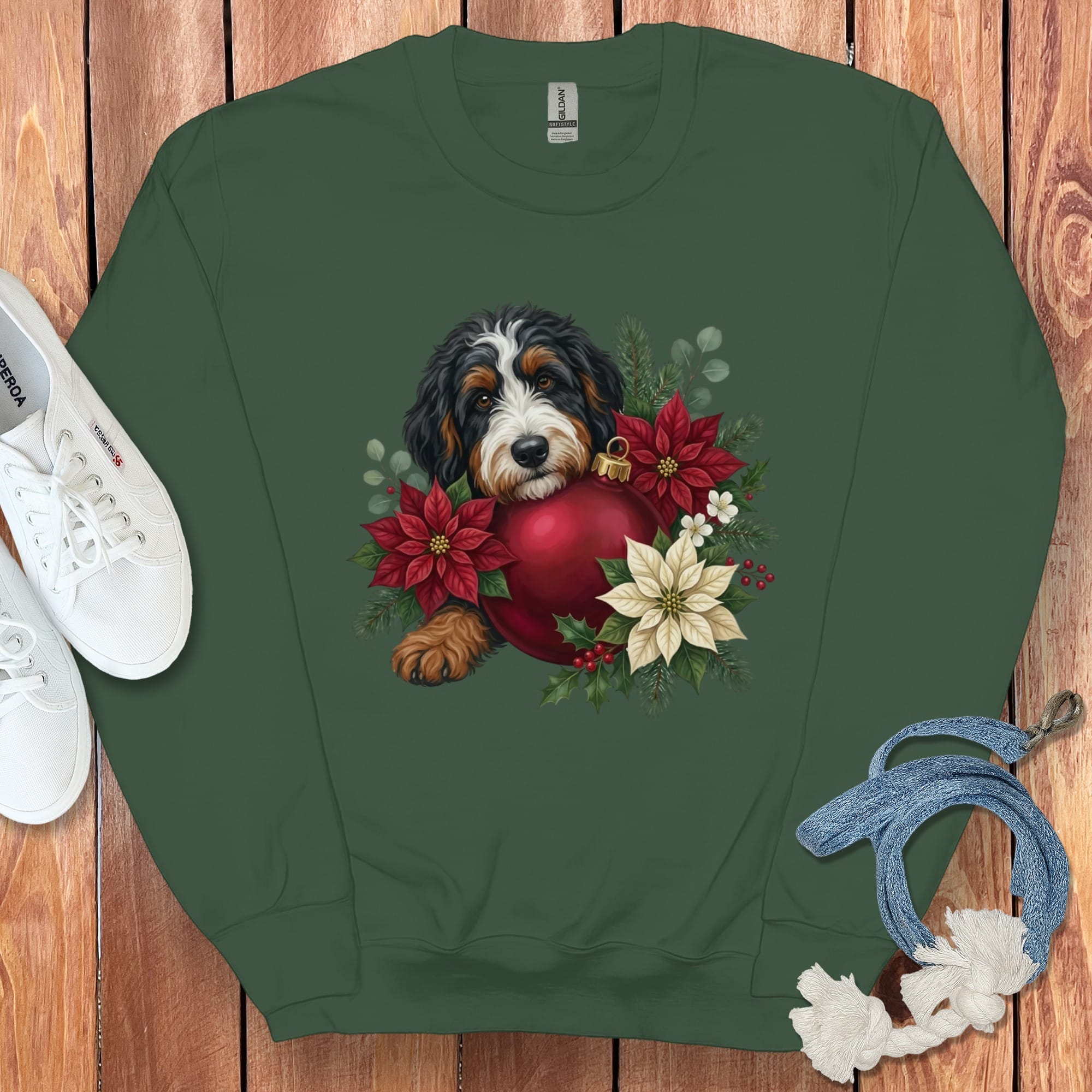 Bernedoodle Holiday Cheer Sweatshirt in Forest Green / S by Puppy Jo