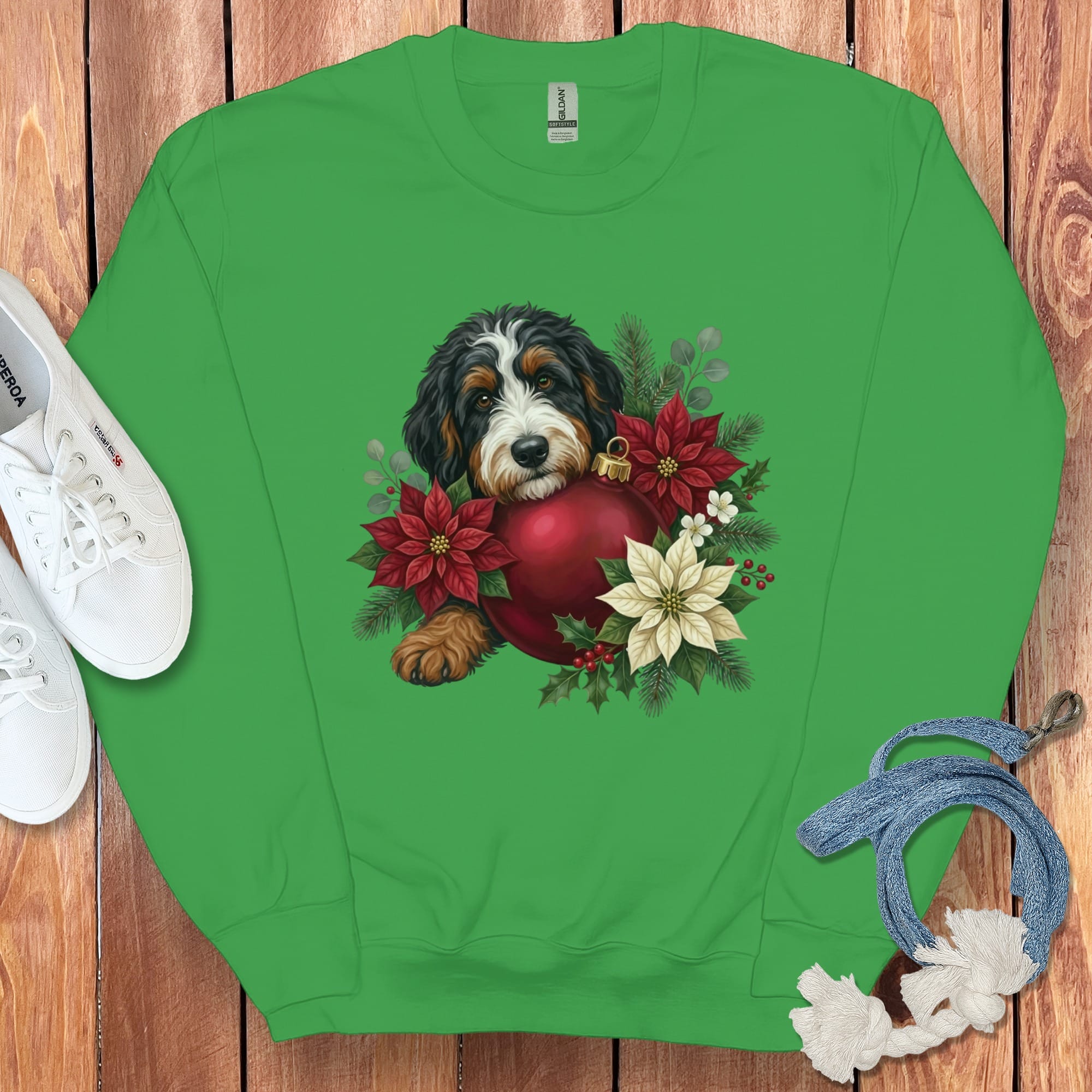 Bernedoodle Holiday Cheer Sweatshirt in Irish Green / S by Puppy Jo