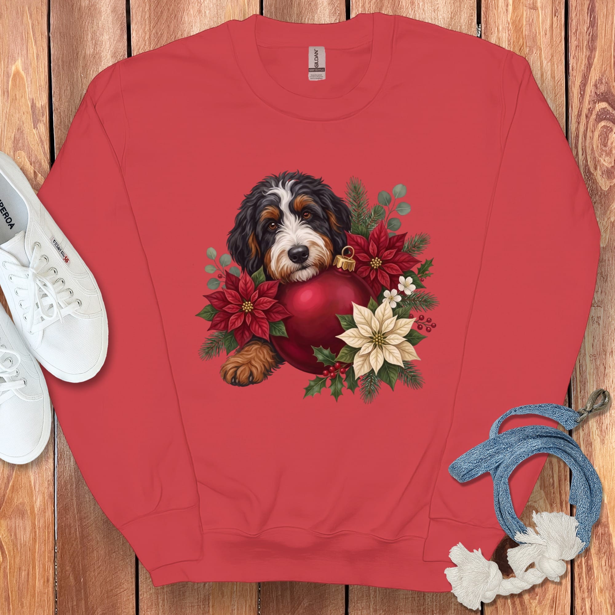 Bernedoodle Holiday Cheer Sweatshirt in Red / S by Puppy Jo
