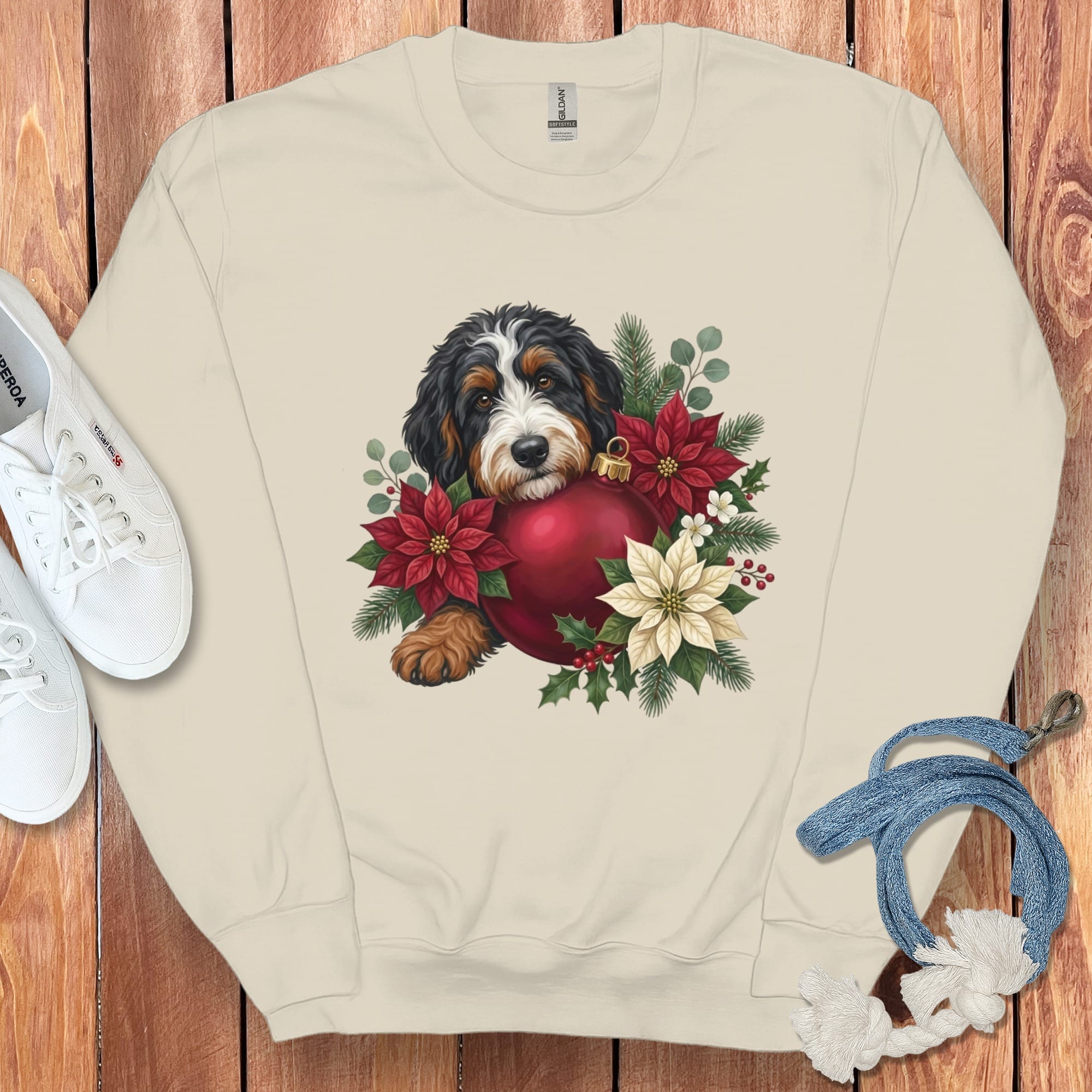 Bernedoodle Holiday Cheer Sweatshirt in Sand / S by Puppy Jo