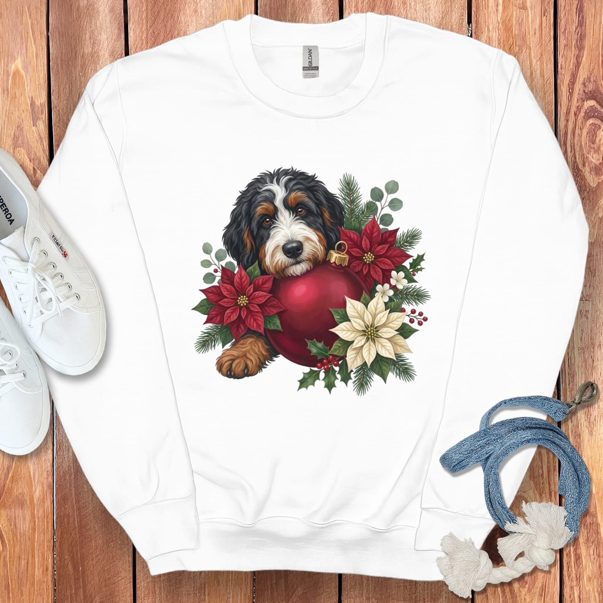 Bernedoodle Holiday Cheer Sweatshirt in White / S by Puppy Jo