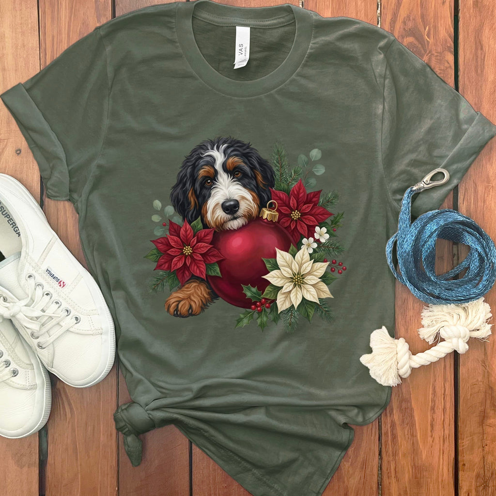 Bernedoodle Holiday Cheer T-Shirt in Military Green / S by Puppy Jo