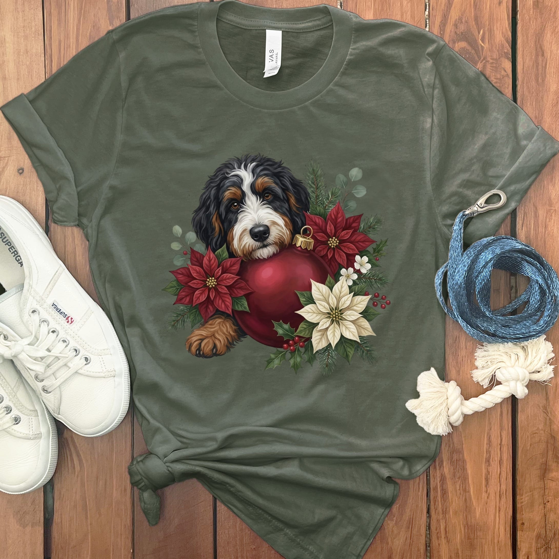 Bernedoodle Holiday Cheer T-Shirt in Military Green / S by Puppy Jo