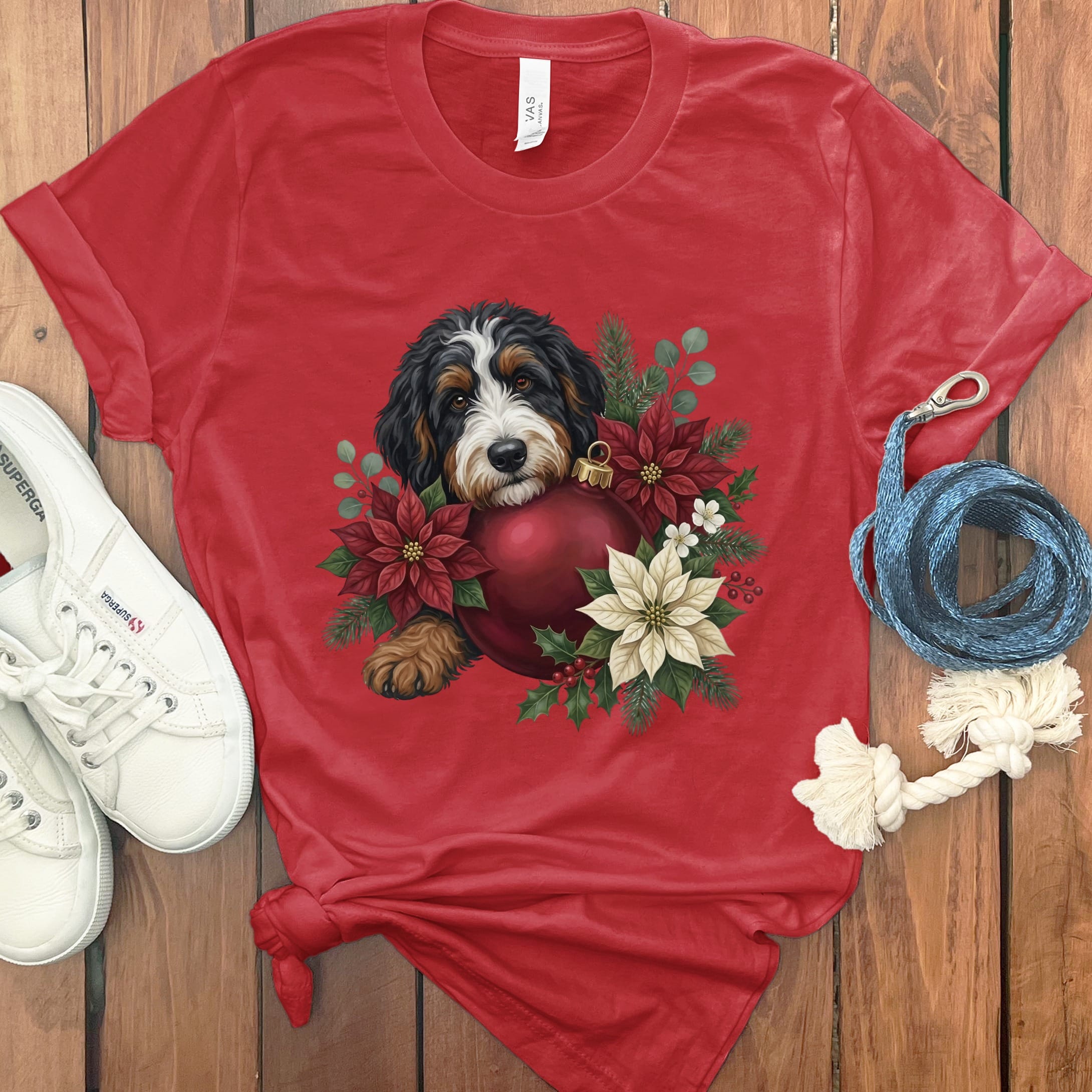 Bernedoodle Holiday Cheer T-Shirt in Red / S by Puppy Jo