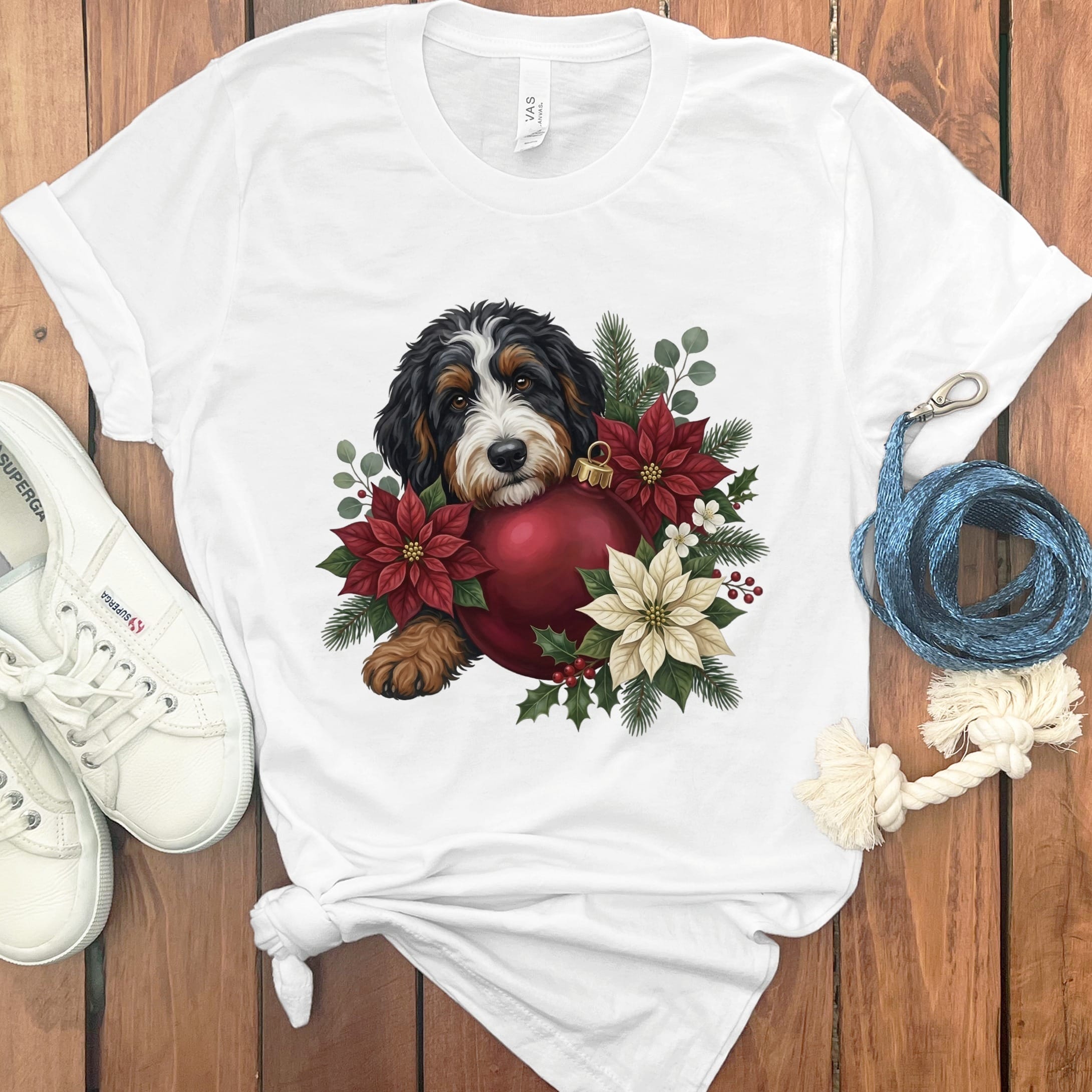 Bernedoodle Holiday Cheer T-Shirt in White / S by Puppy Jo