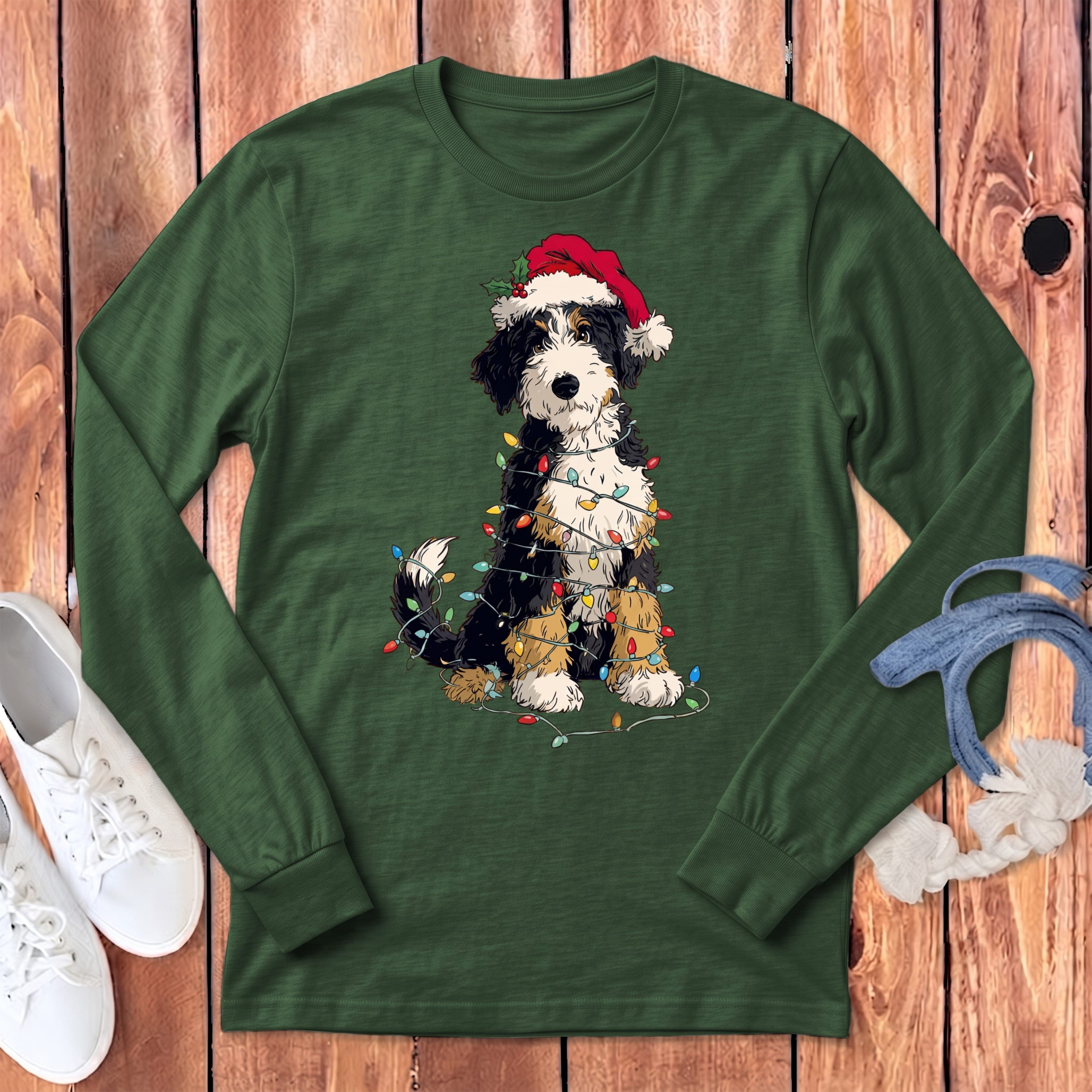 Bernedoodle Holiday Long Sleeve T-Shirt in Heather Forest / S by Puppy Jo