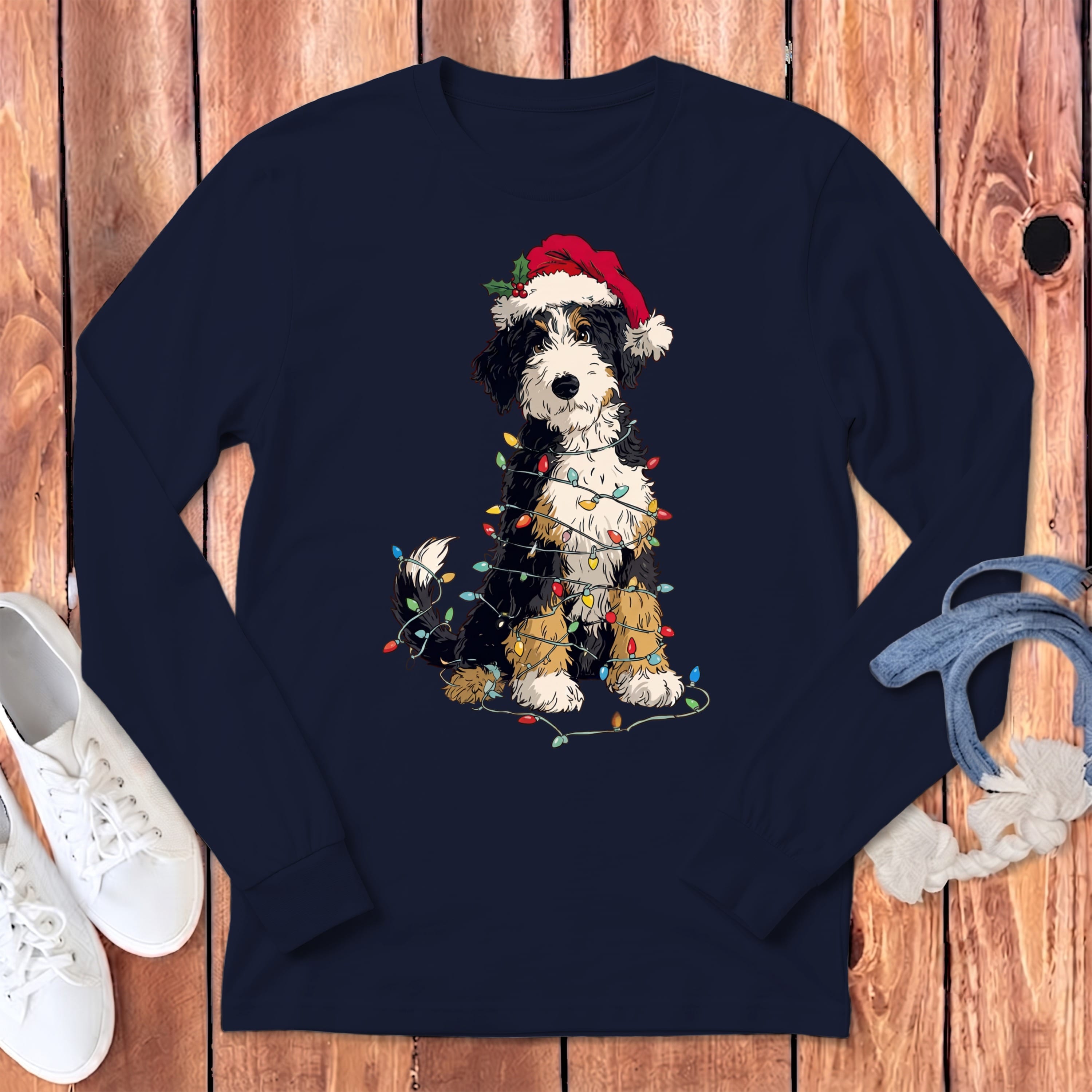 Bernedoodle Holiday Long Sleeve T-Shirt in Navy / S by Puppy Jo