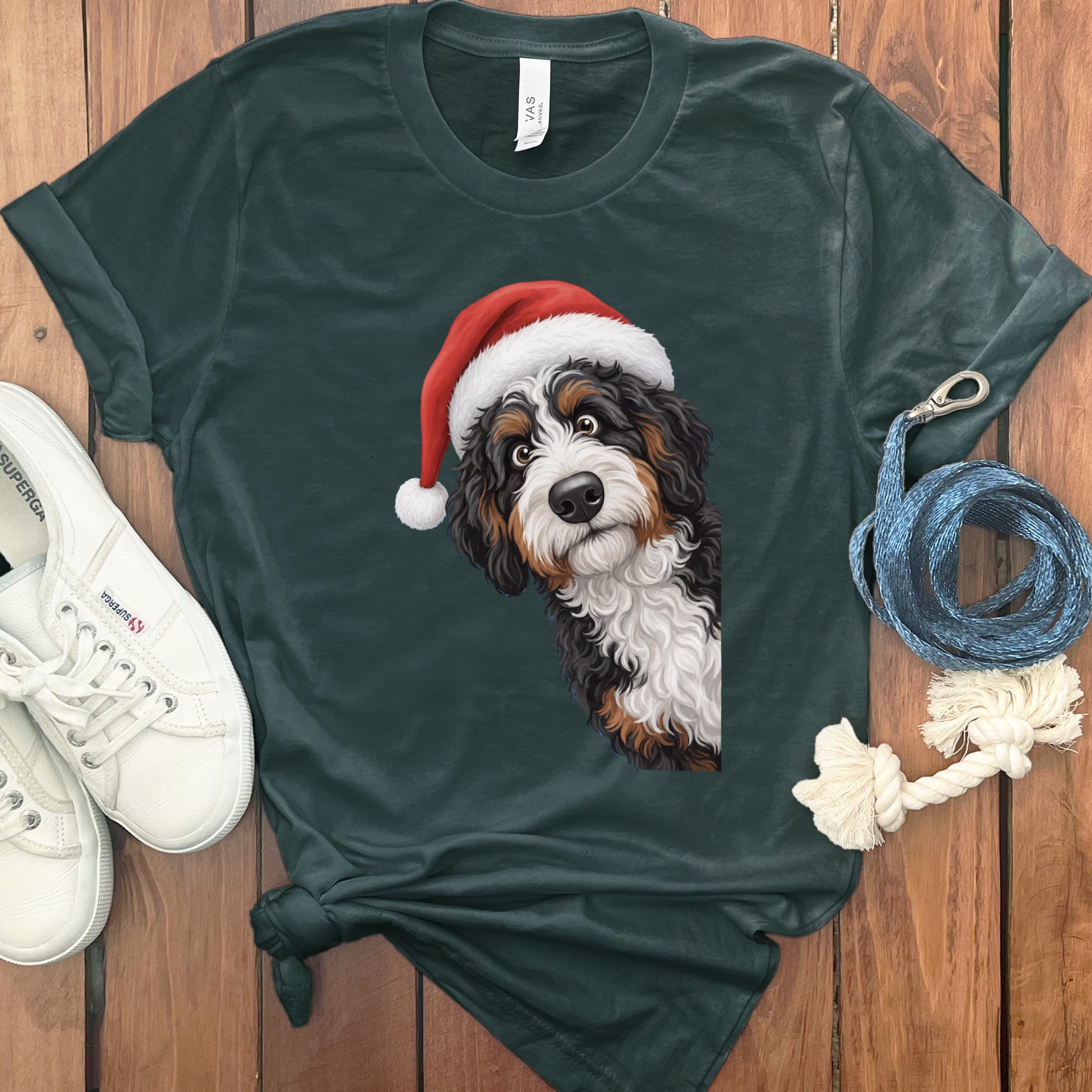 Bernedoodle Holiday Santa T-Shirt in Forest / S by Puppy Jo