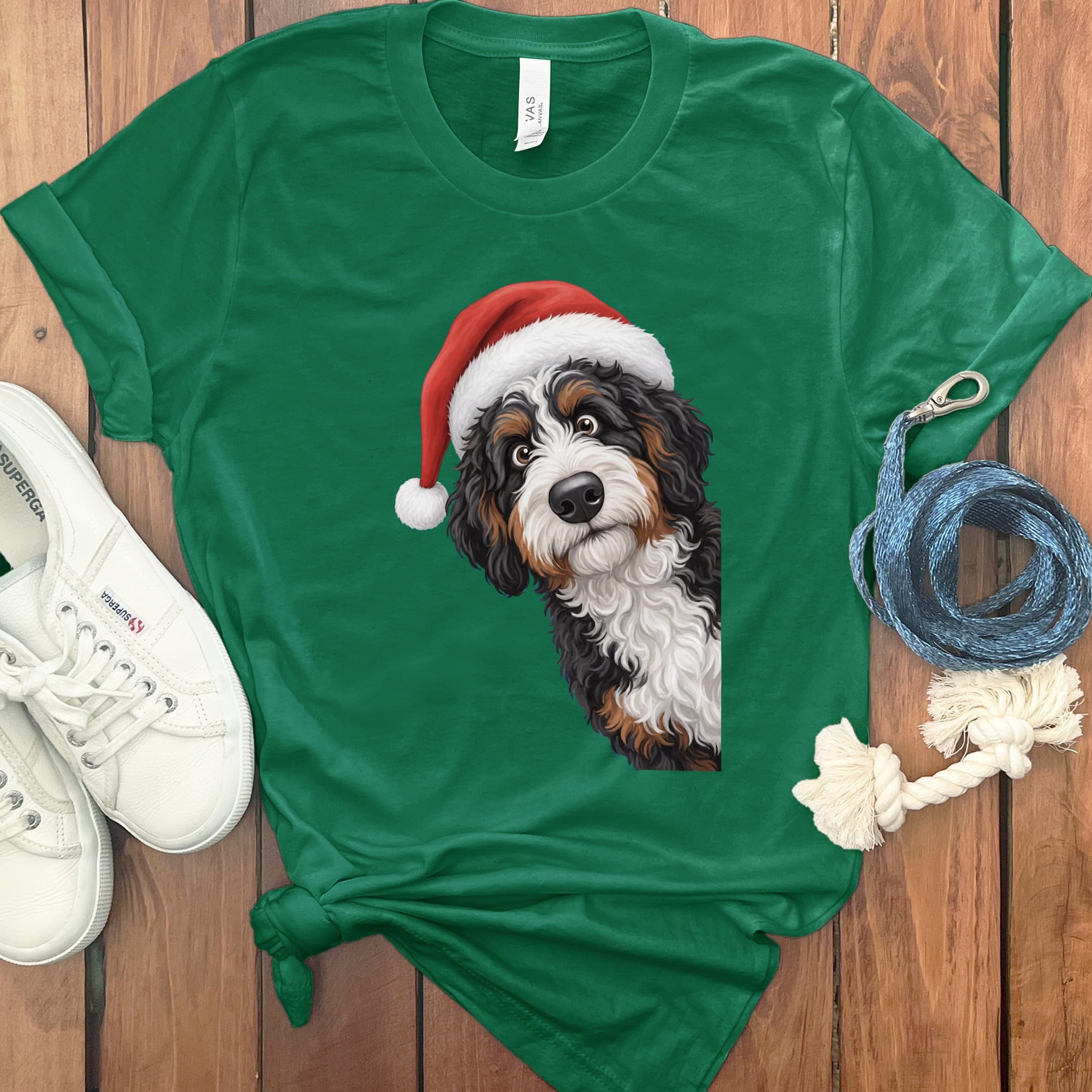 Bernedoodle Holiday Santa T-Shirt in Kelly / S by Puppy Jo