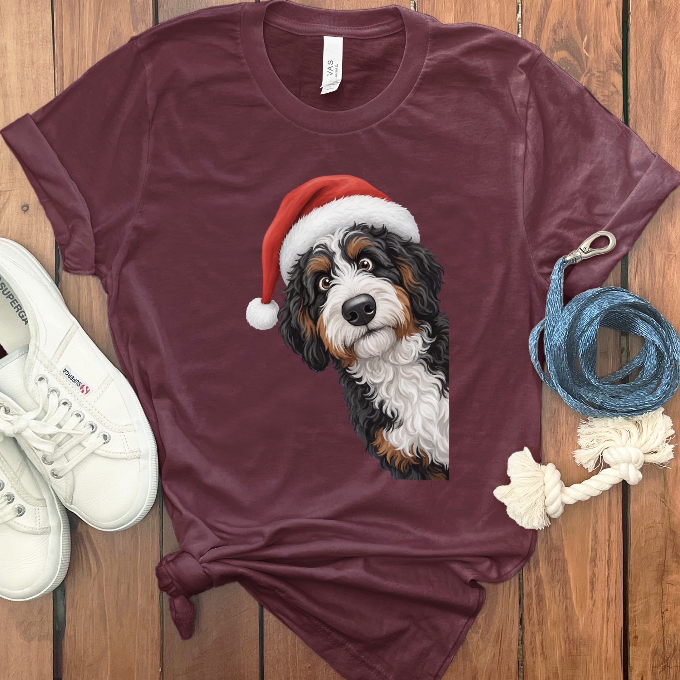 Bernedoodle Holiday Santa T-Shirt in Maroon / S by Puppy Jo