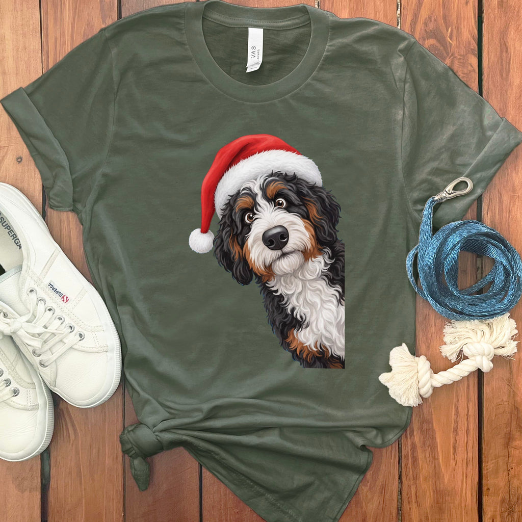 Bernedoodle Holiday Santa T-Shirt in Military Green / S by Puppy Jo