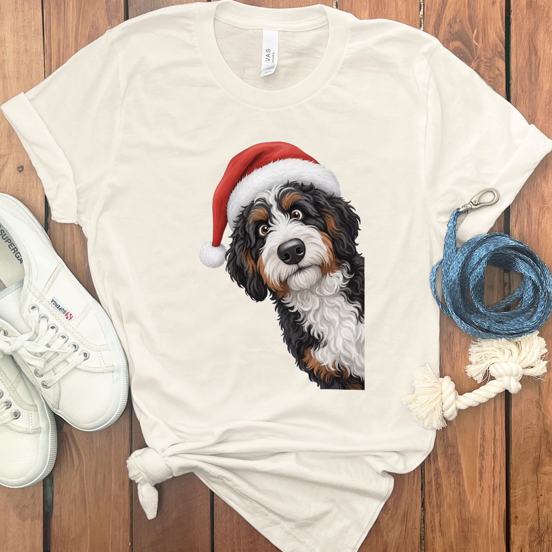 Bernedoodle Holiday Santa T-Shirt in Natural / S by Puppy Jo