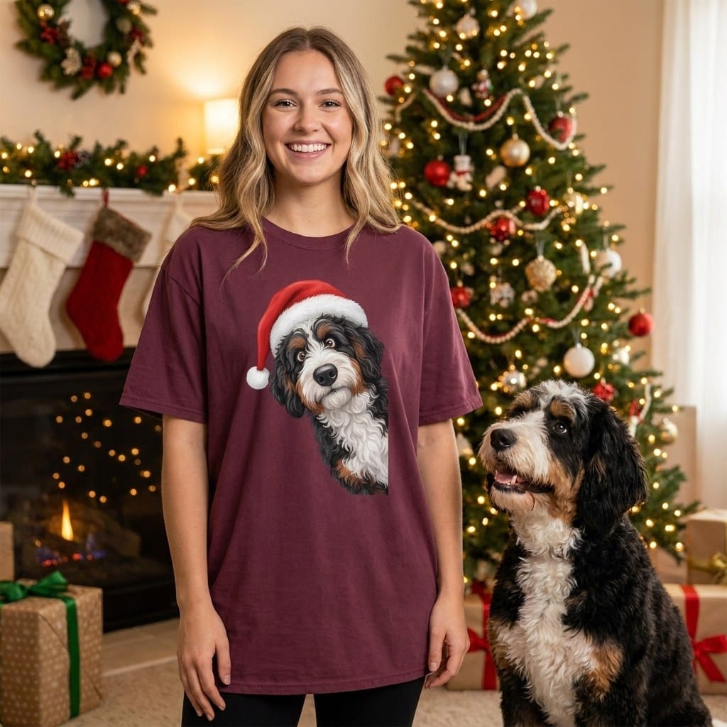 Bernedoodle Holiday Santa T-Shirt in by Puppy Jo