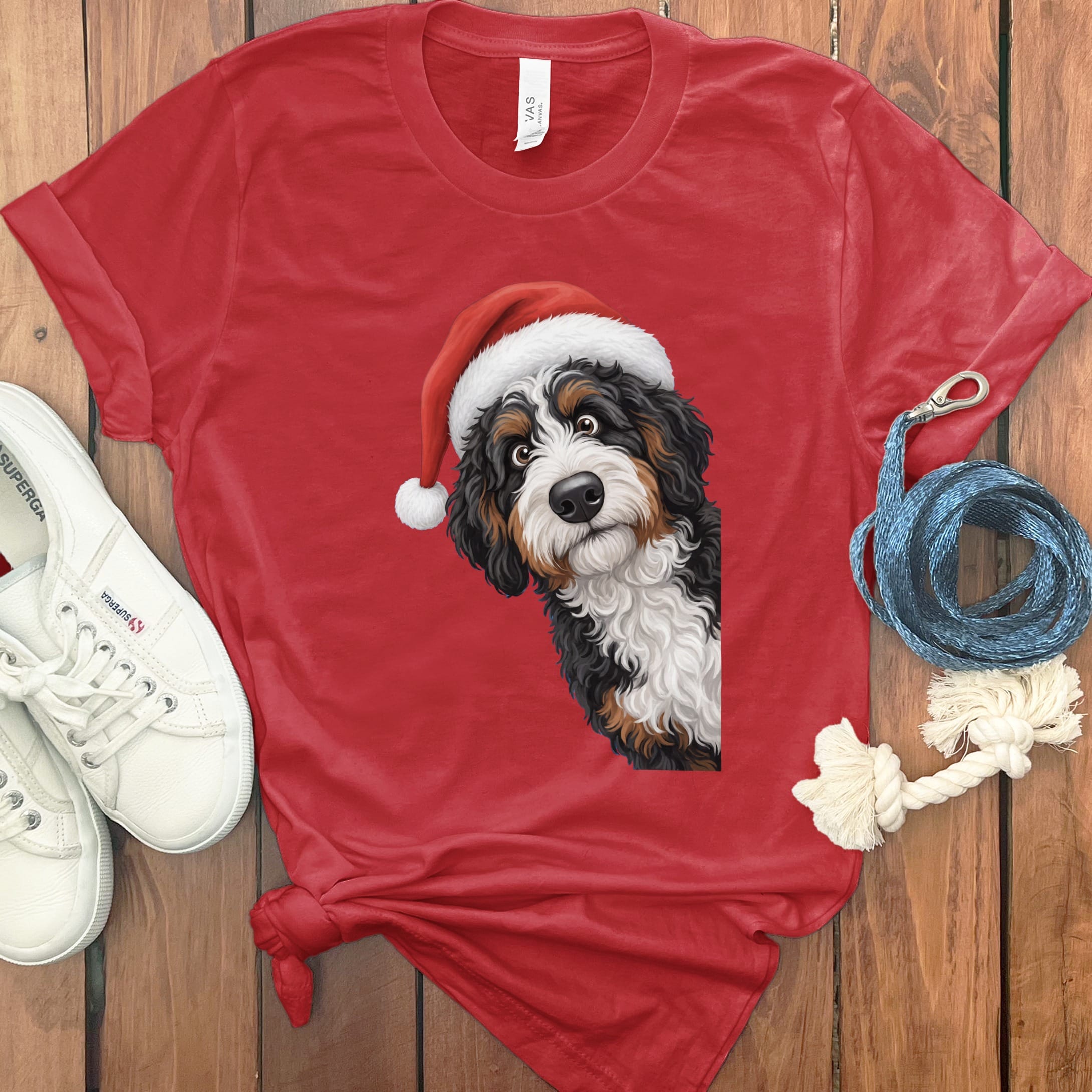 Bernedoodle Holiday Santa T-Shirt in Red / S by Puppy Jo