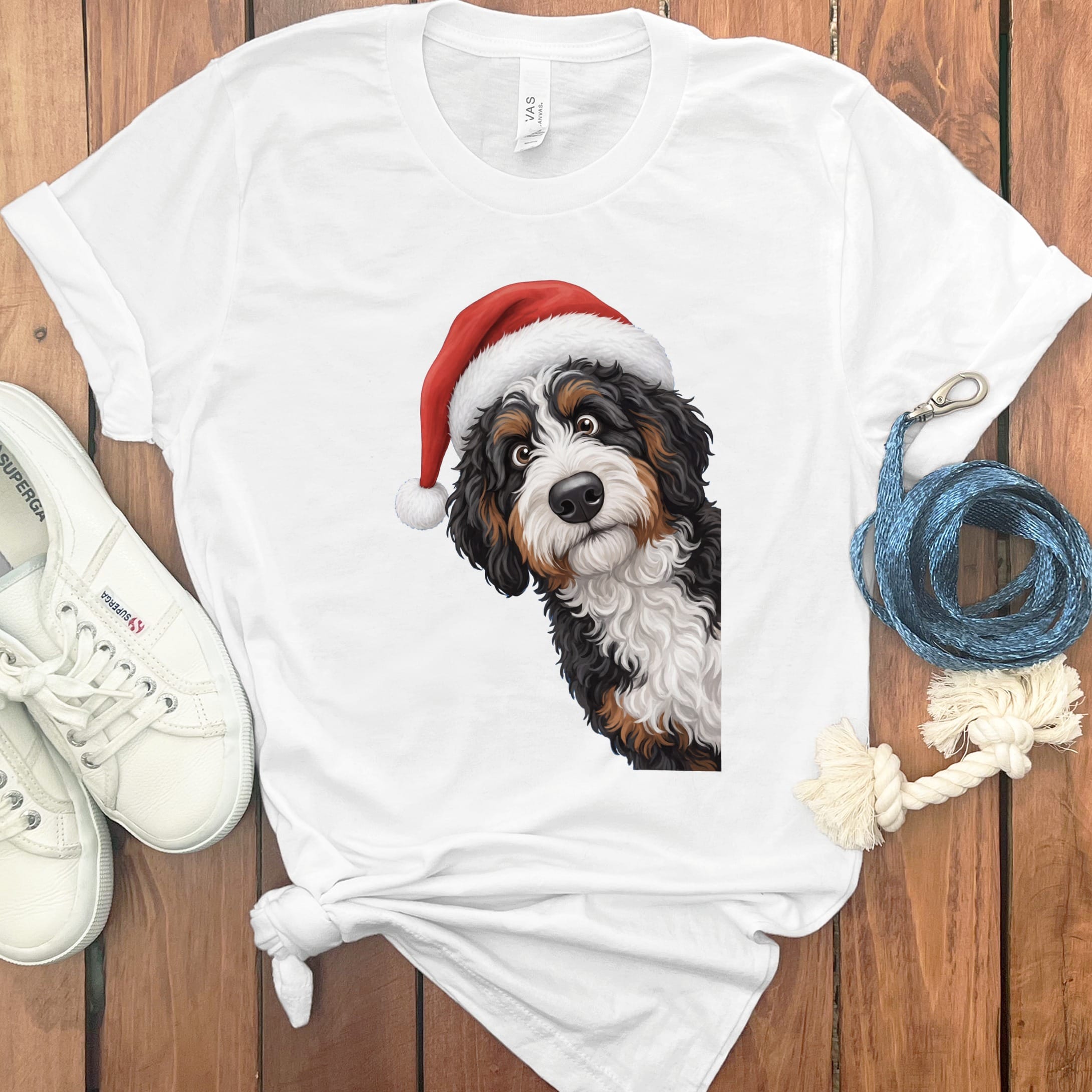 Bernedoodle Holiday Santa T-Shirt in White / S by Puppy Jo