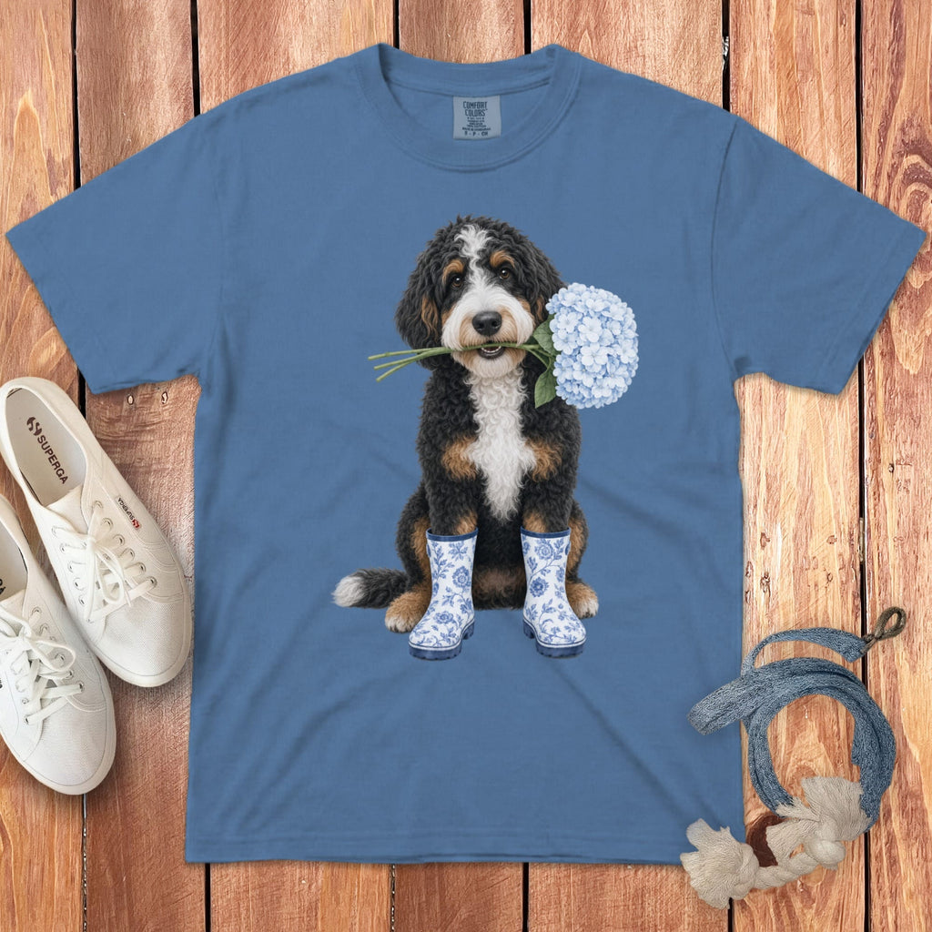 Bernedoodle Hydrangea Signature T-Shirt in Blue Jean / S / T-Shirts by Puppy Jo