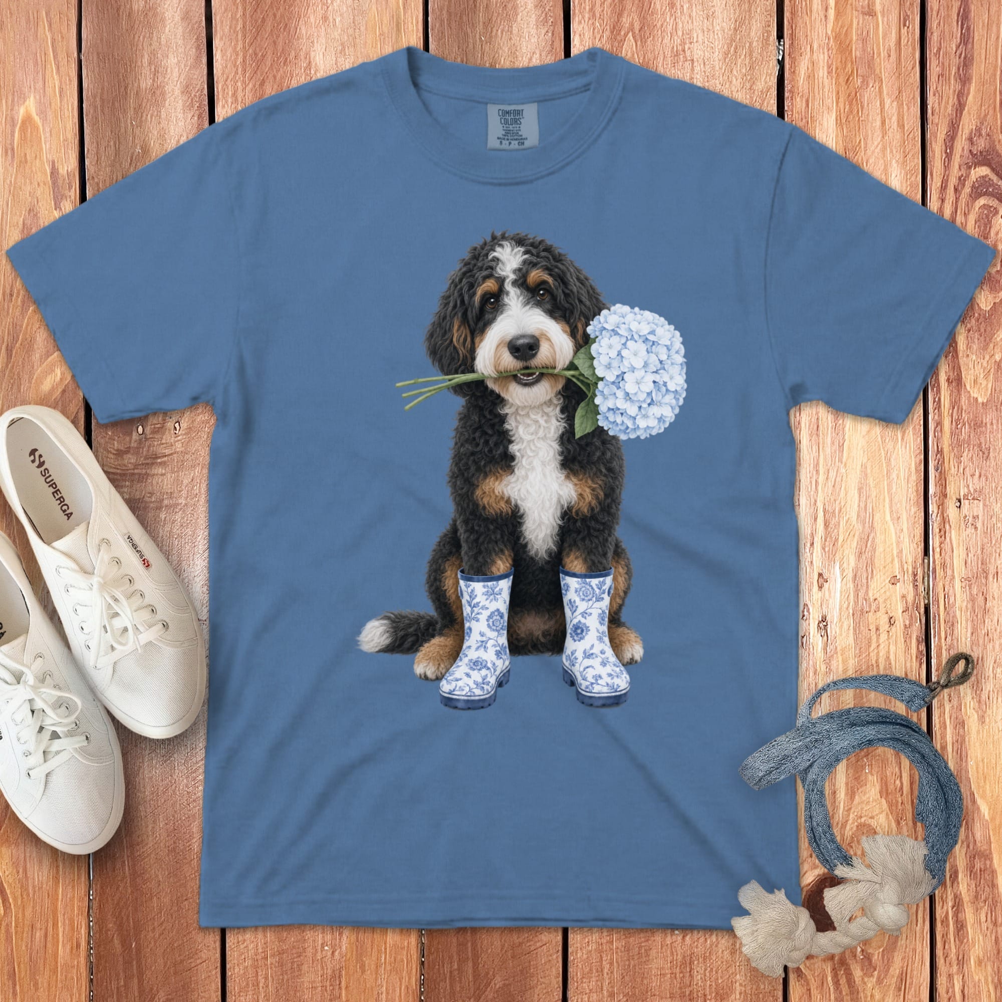 Bernedoodle Hydrangea Signature T-Shirt in Blue Jean / S / T-Shirts by Puppy Jo