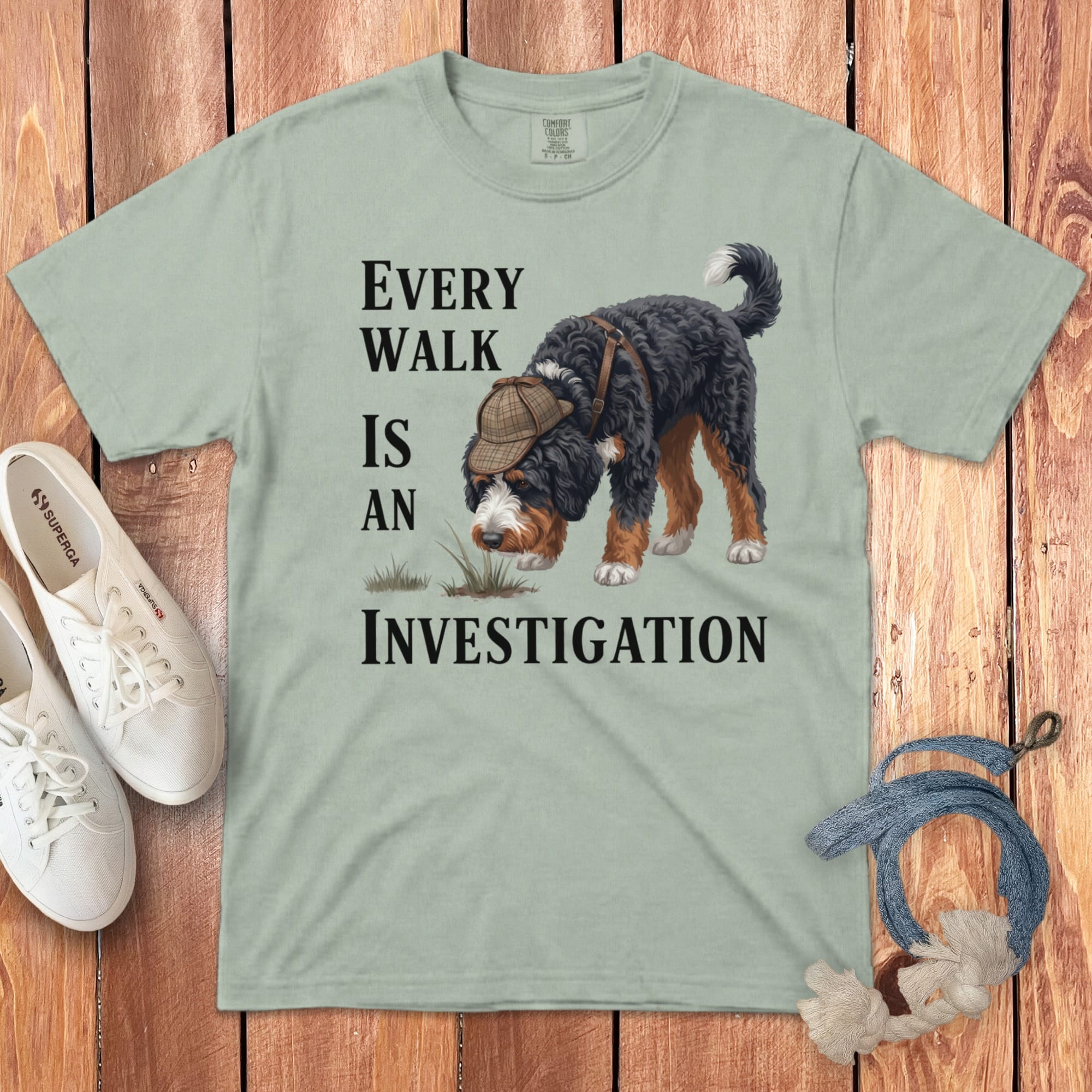 Bernedoodle Investigation Signature T-Shirt in Bay / M by Puppy Jo