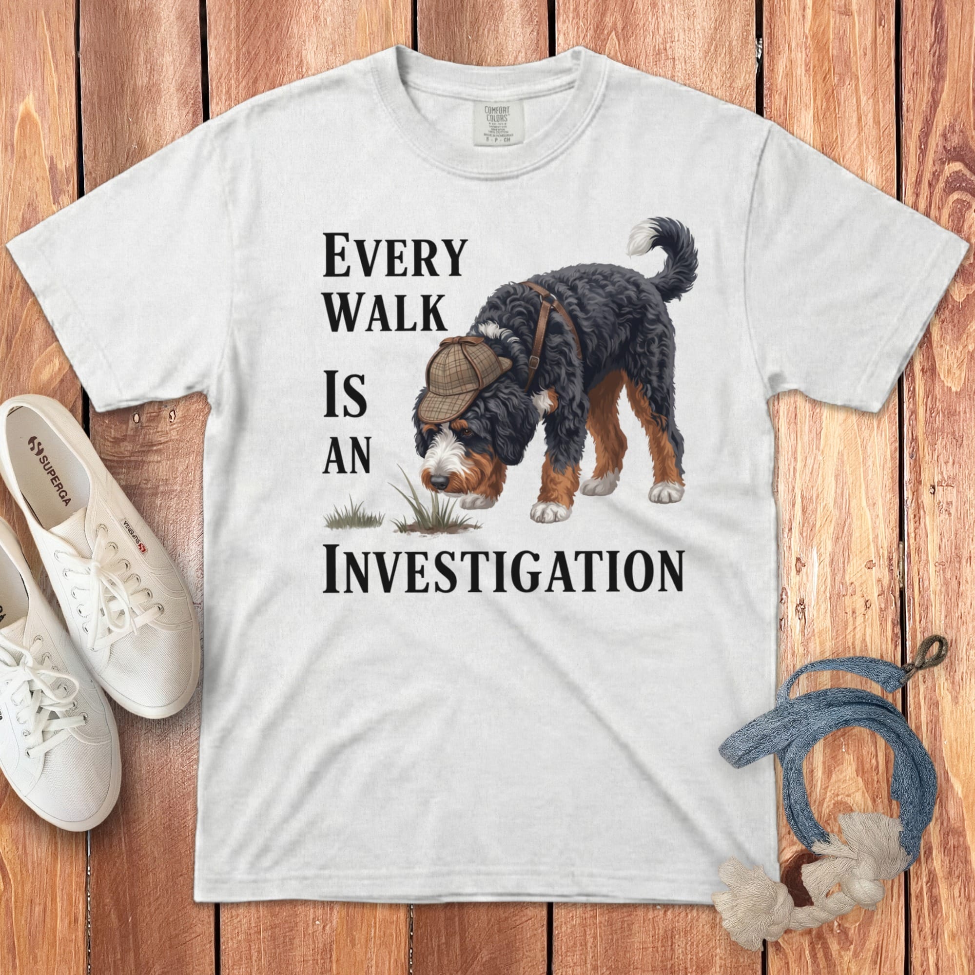 Bernedoodle Investigation Signature T-Shirt in White / M by Puppy Jo