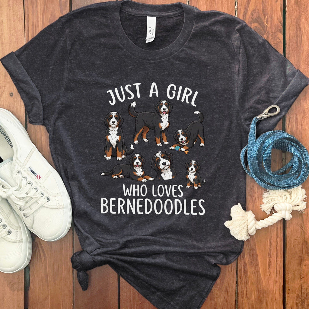 Bernedoodle Just A Girl Loves T-Shirt in Dark Grey Heather / S by Puppy Jo