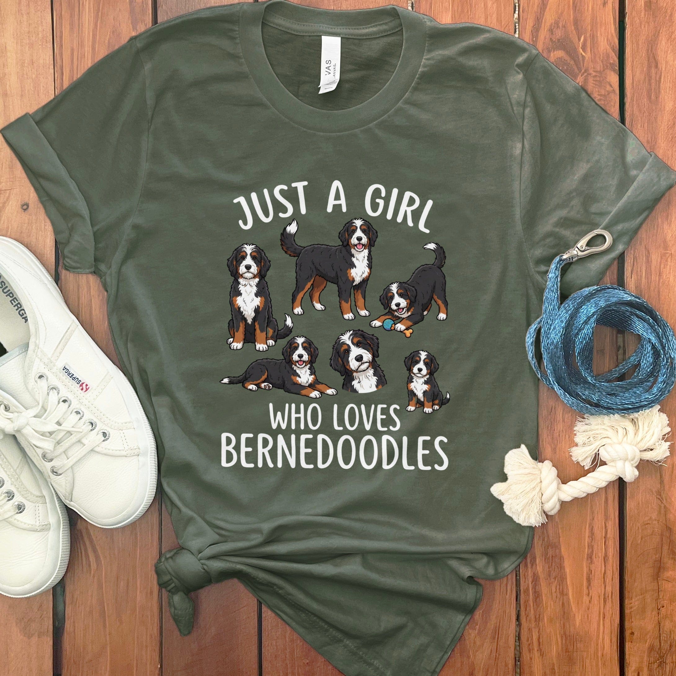 Bernedoodle Just A Girl Loves T-Shirt in Military Green / S by Puppy Jo