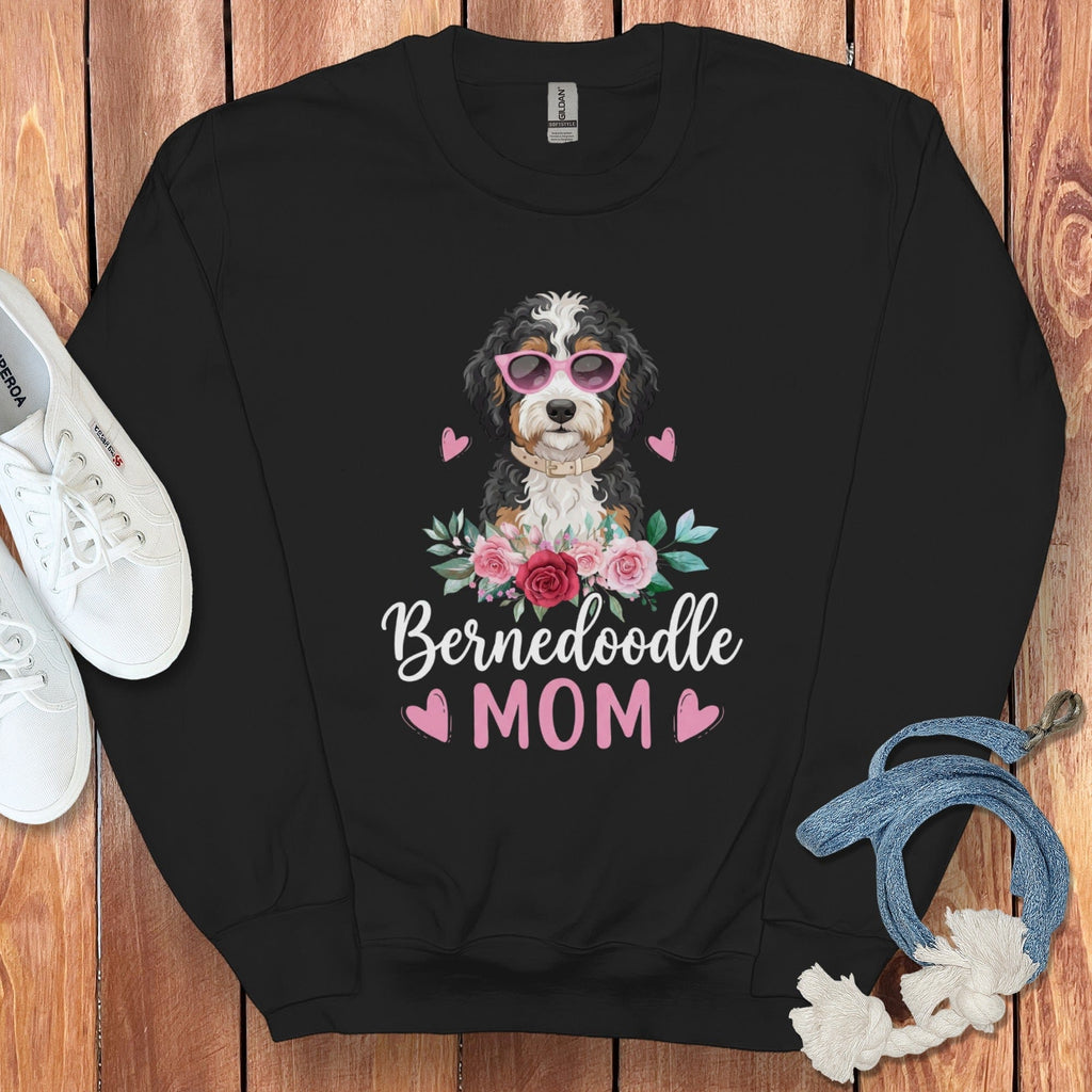 Bernedoodle Mom Floral Sunglass Sweatshirt in Black / S by Puppy Jo