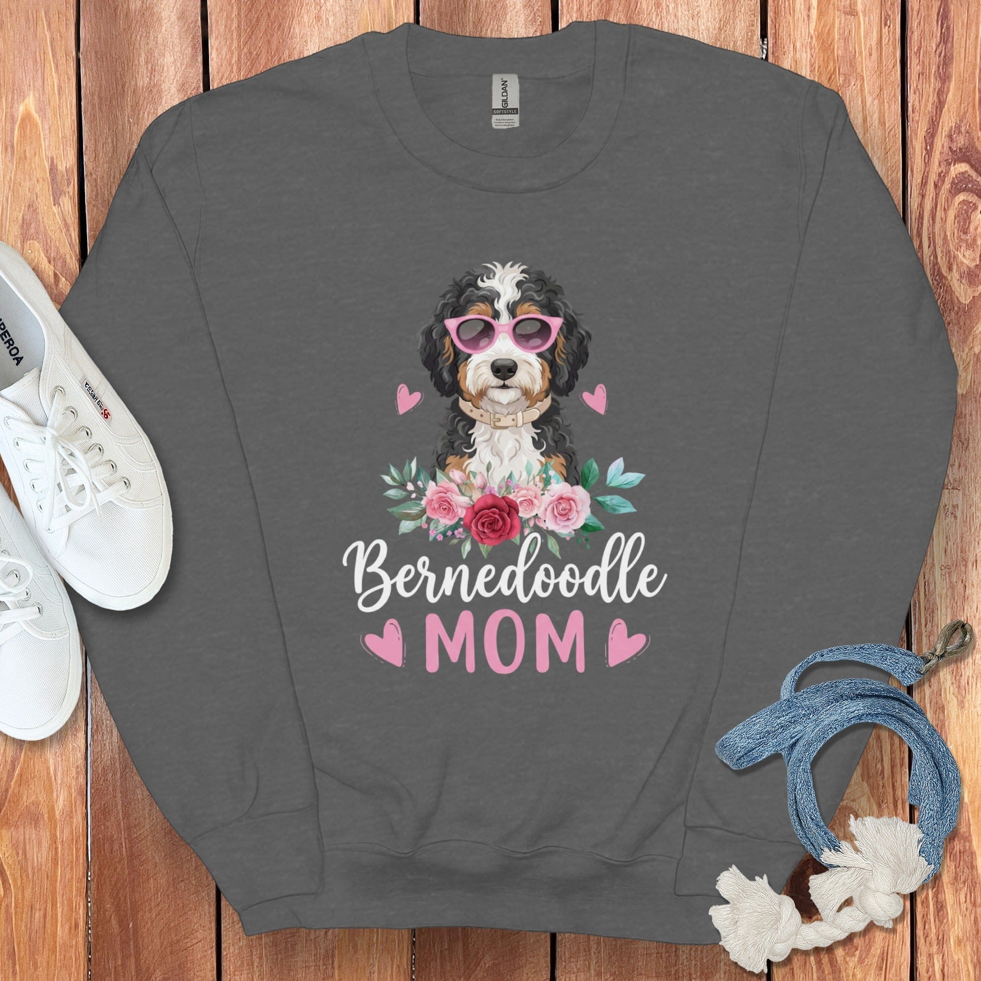 Bernedoodle Mom Floral Sunglass Sweatshirt in Dark Heather / S by Puppy Jo