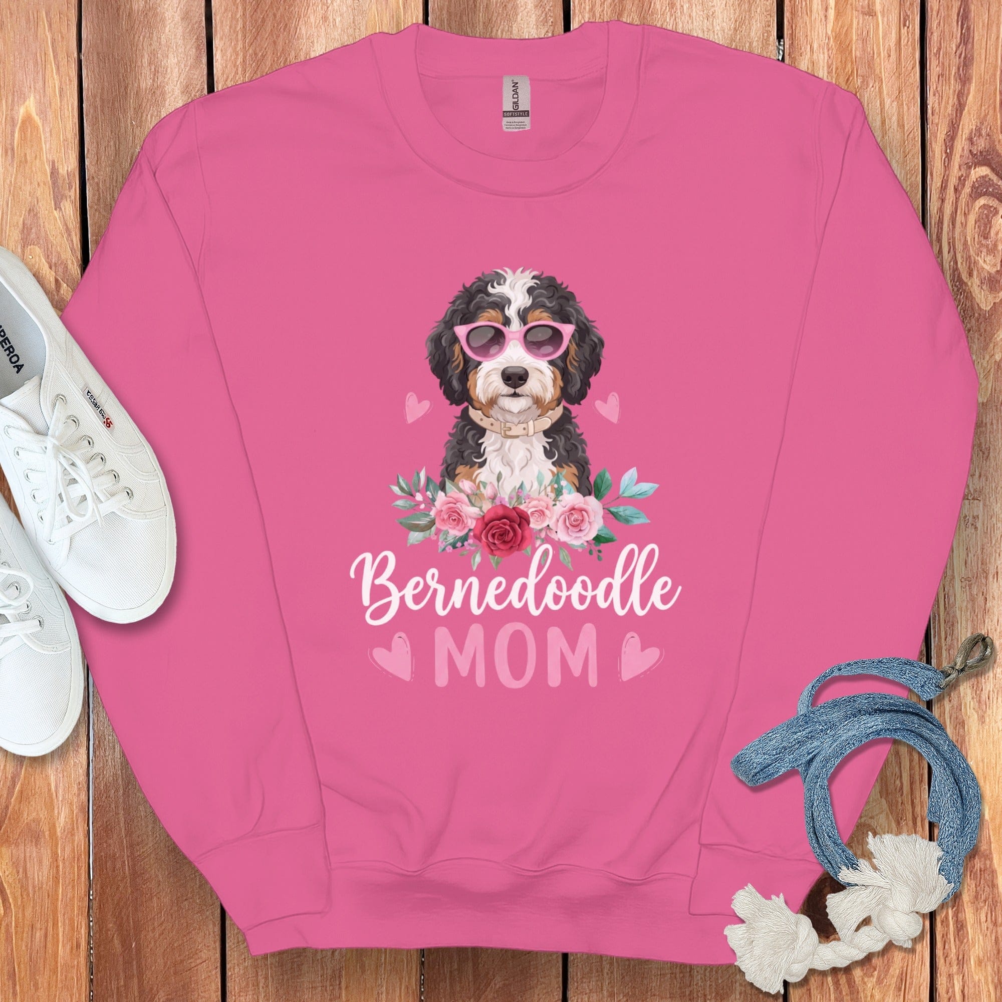 Bernedoodle Mom Floral Sunglass Sweatshirt in Heliconia / S by Puppy Jo