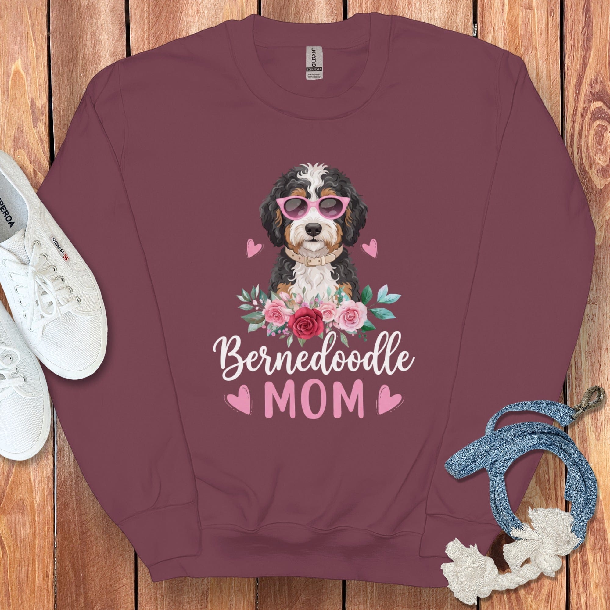 Bernedoodle Mom Floral Sunglass Sweatshirt in Maroon / S by Puppy Jo