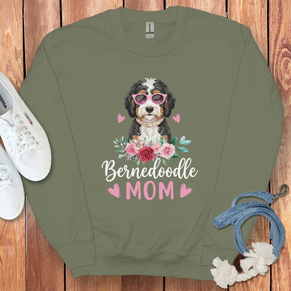 Bernedoodle Mom Floral Sunglass Sweatshirt in Military Green / S by Puppy Jo