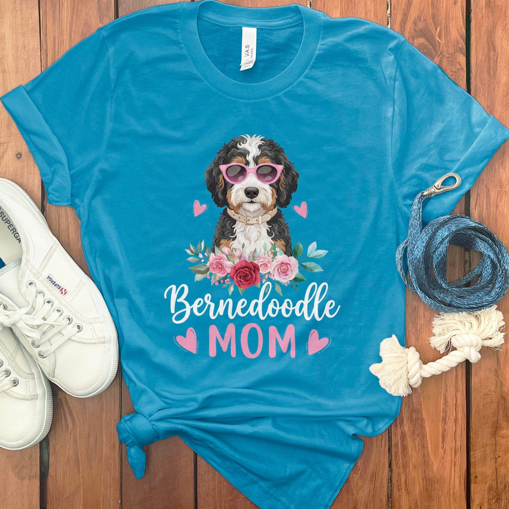 Bernedoodle Mom Floral Sunglass T-Shirt in Aqua / S by Puppy Jo