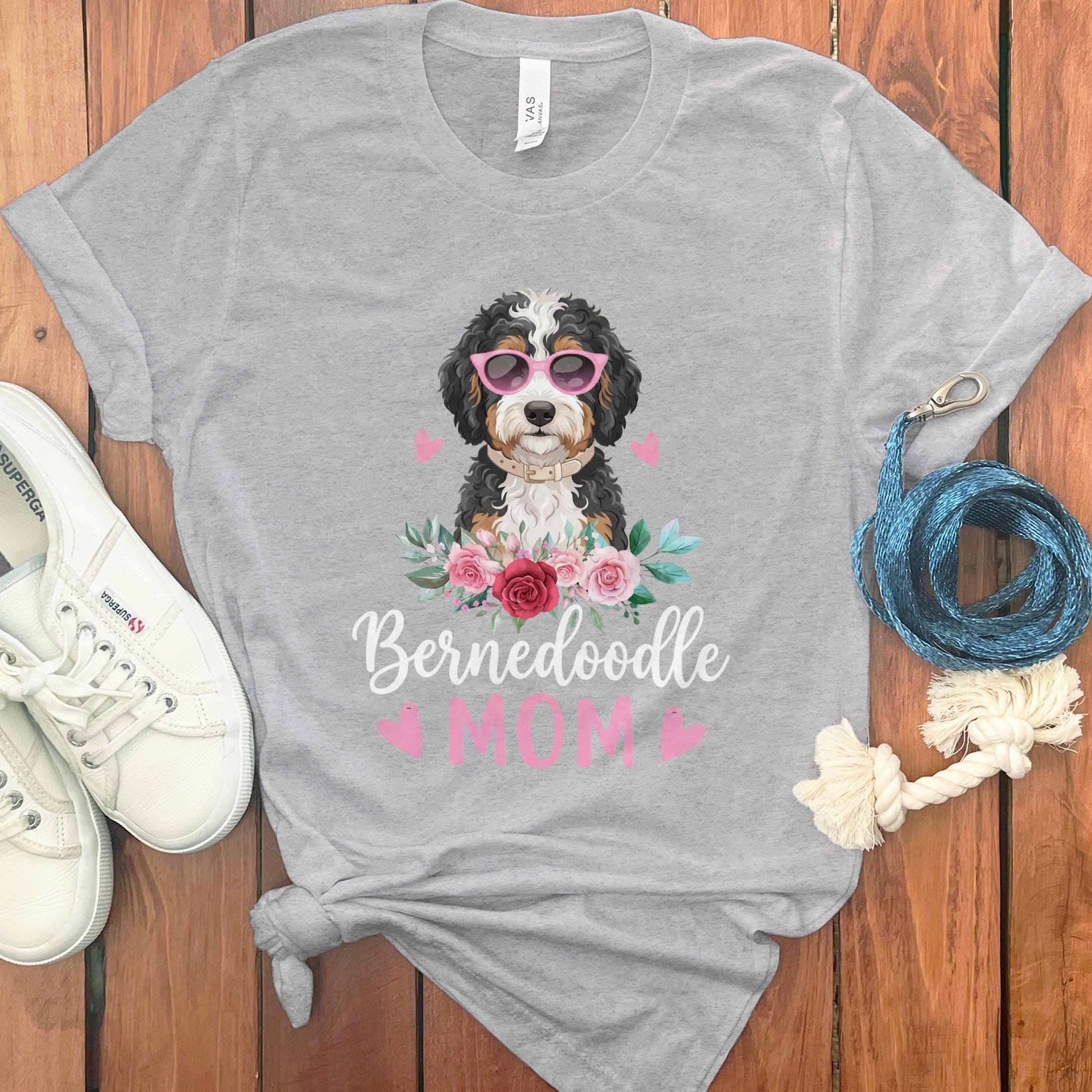 Bernedoodle Mom Floral Sunglass T-Shirt in Athletic Heather / S by Puppy Jo