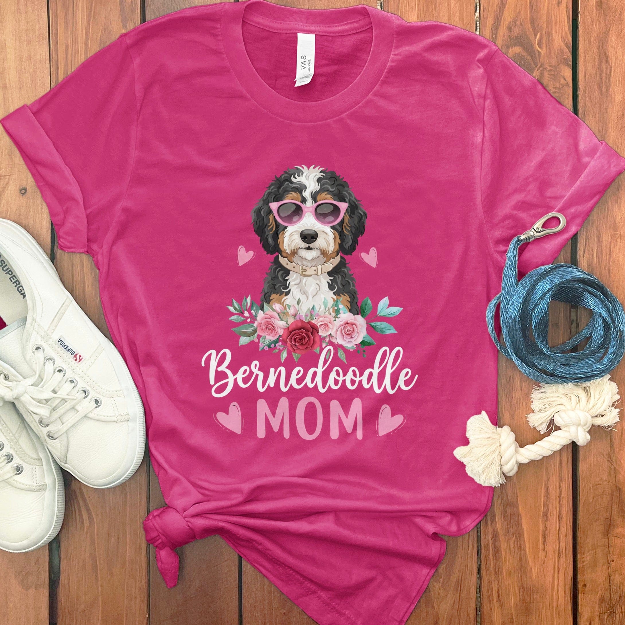 Bernedoodle Mom Floral Sunglass T-Shirt in Berry / S by Puppy Jo