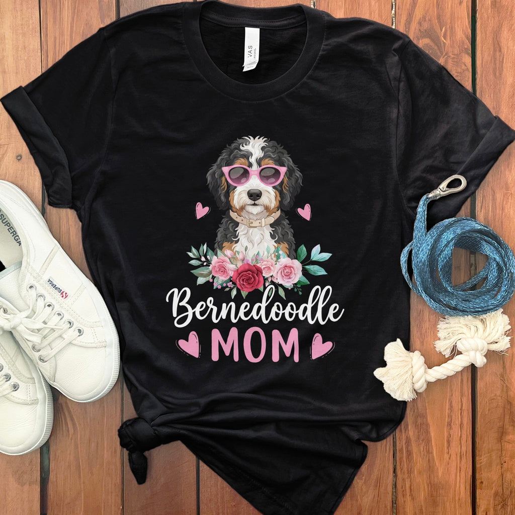 Bernedoodle Mom Floral Sunglass T-Shirt in Black / S by Puppy Jo
