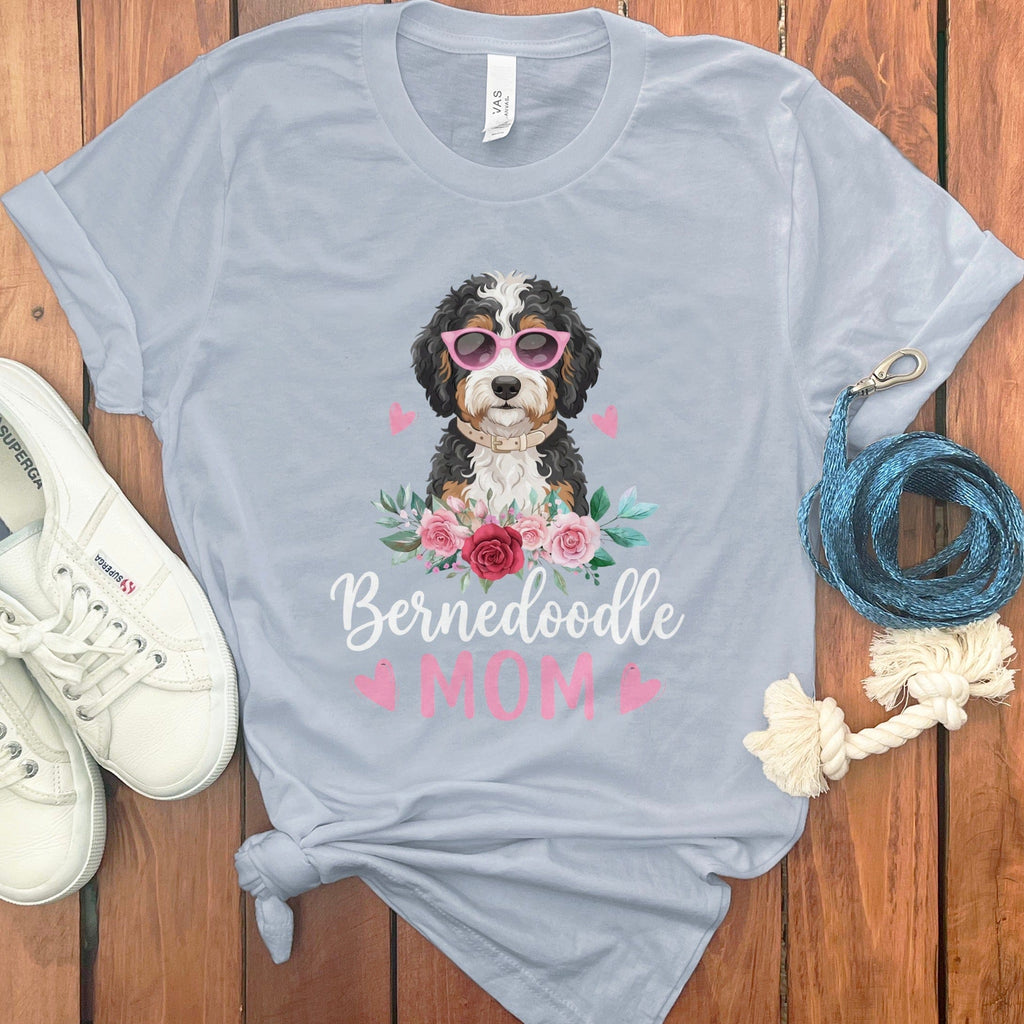 Bernedoodle Mom Floral Sunglass T-Shirt in Light Blue / S by Puppy Jo