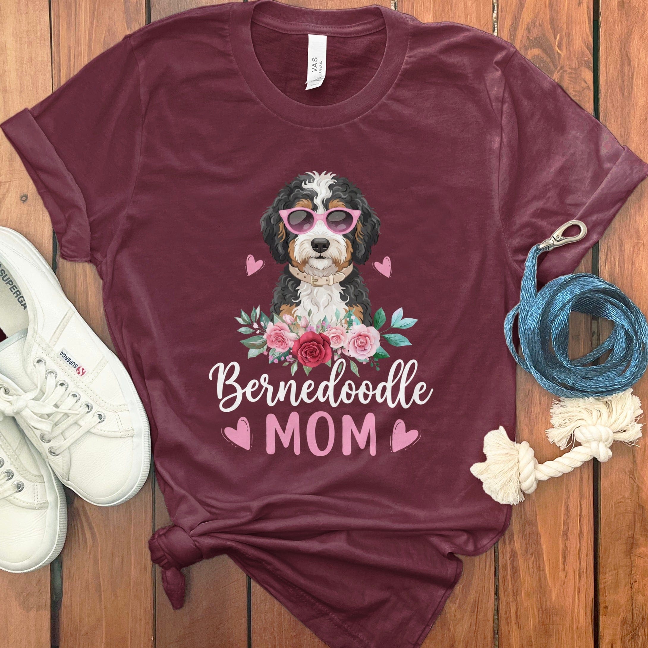Bernedoodle Mom Floral Sunglass T-Shirt in Maroon / S by Puppy Jo
