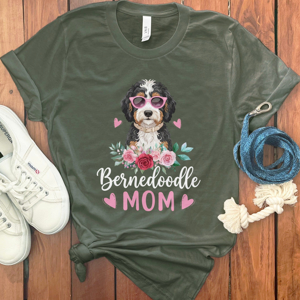 Bernedoodle Mom Floral Sunglass T-Shirt in Military Green / S by Puppy Jo