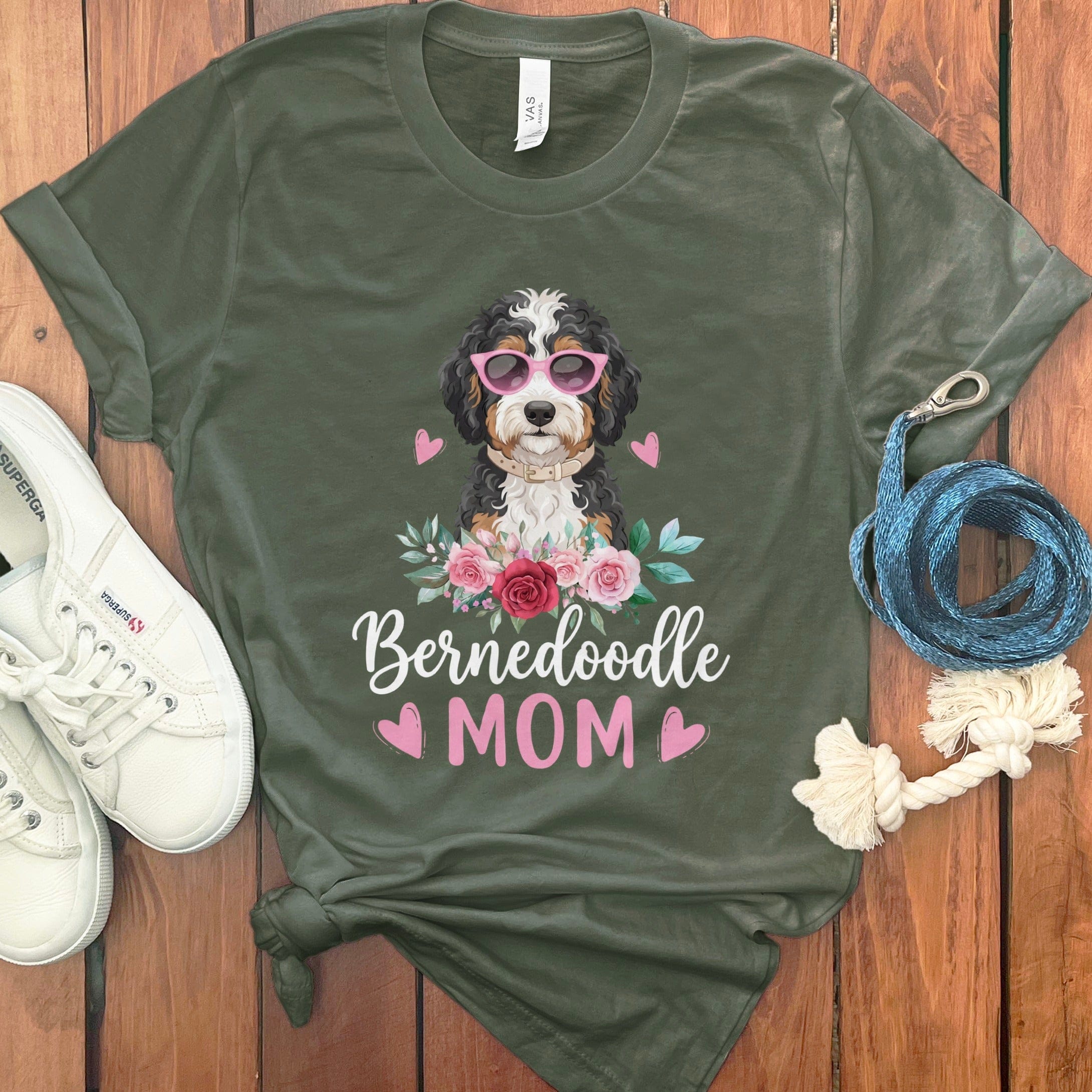 Bernedoodle Mom Floral Sunglass T-Shirt in Military Green / S by Puppy Jo