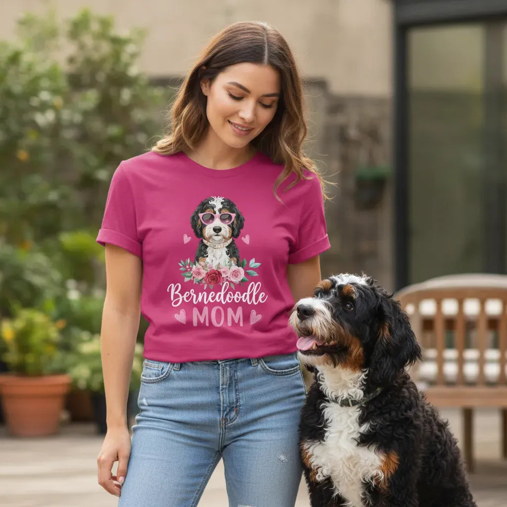 Bernedoodle Mom Floral Sunglass T-Shirt in by Puppy Jo