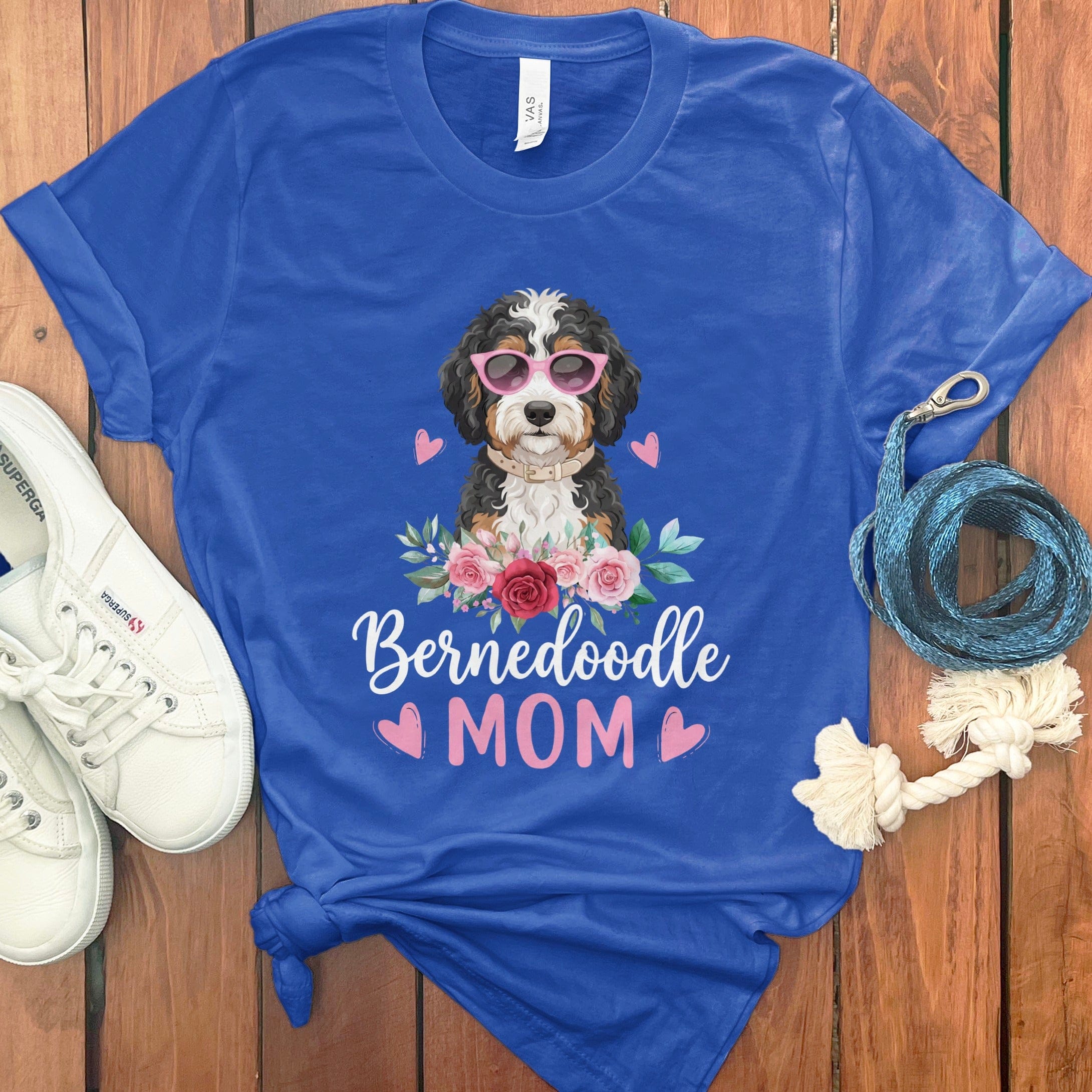 Bernedoodle Mom Floral Sunglass T-Shirt in True Royal / S by Puppy Jo