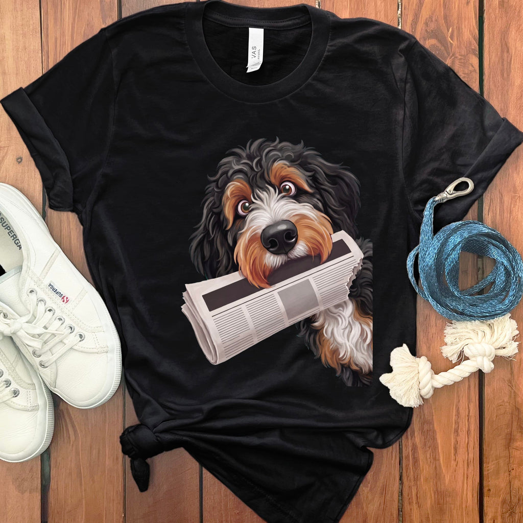 Bernedoodle Newspaper T-Shirt in Black / S by Puppy Jo
