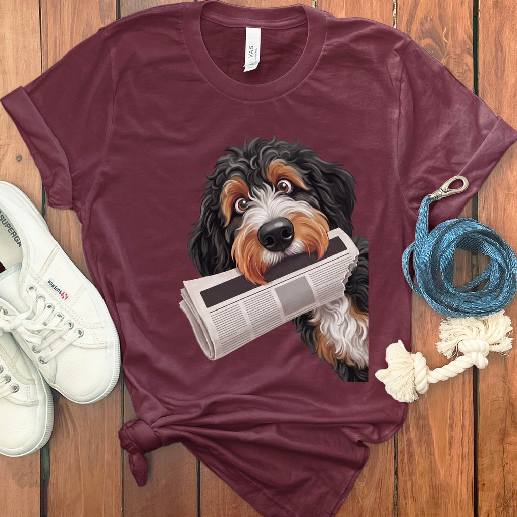 Bernedoodle Newspaper T-Shirt in Maroon / S by Puppy Jo