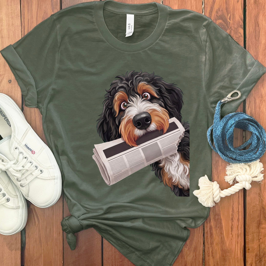 Bernedoodle Newspaper T-Shirt in Military Green / S by Puppy Jo
