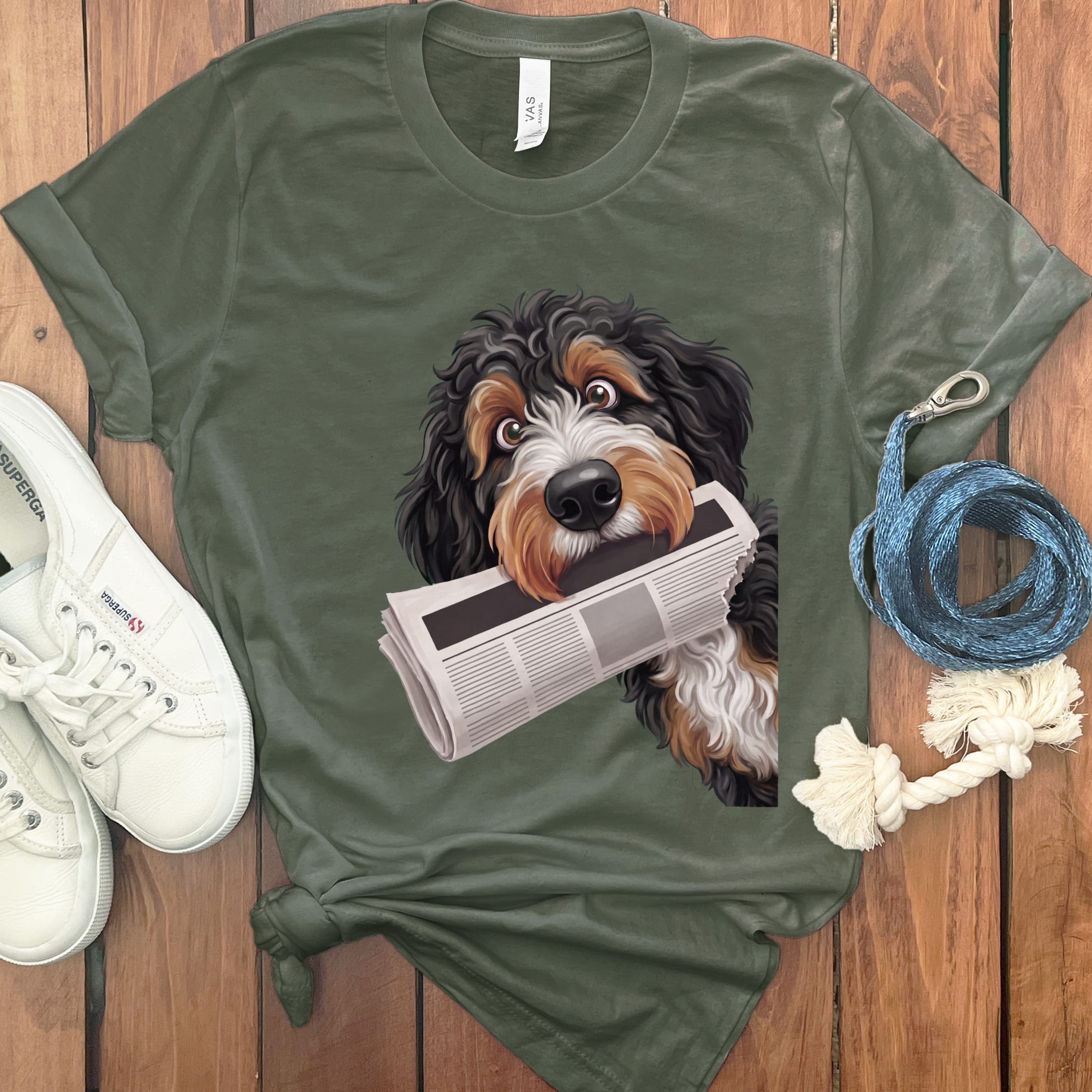 Bernedoodle Newspaper T-Shirt in Military Green / S by Puppy Jo