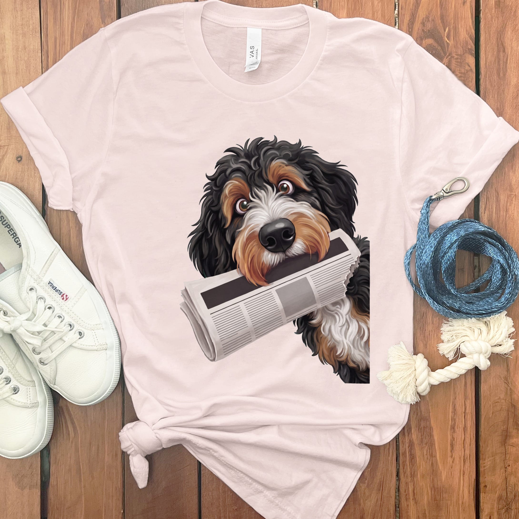 Bernedoodle Newspaper T-Shirt in Soft Pink / S by Puppy Jo